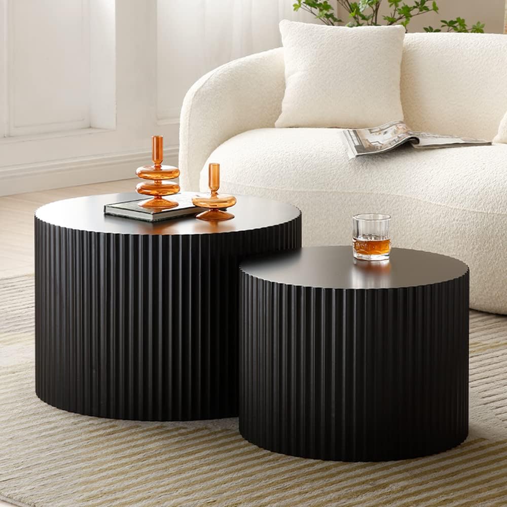 WILLIAMSPACE Nesting Coffee Table Set of 2, Matte Black Round Wooden Coffee Tables, Modern Luxury Side Tables Accent End Table for Living Room Apartment, 23.62*23.62*15.75H (Black-Round)