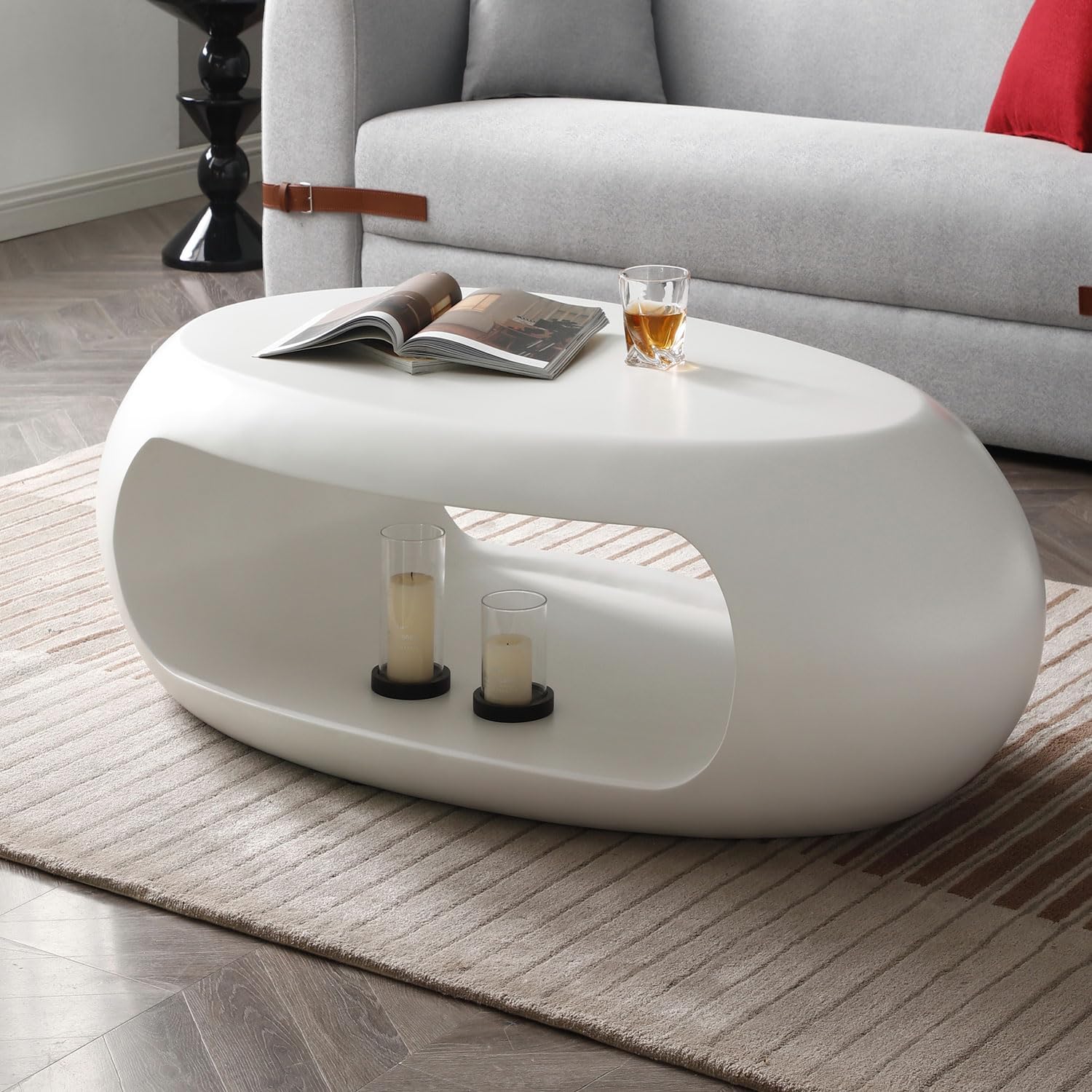 WILLIAMSPACE 39.37 Modern White Oval Coffee Table with Storage for Living Room, Fiberglass Coffee Table, Double Layer Coffee Table Side Table End Table, No Assembly, 39.37*17.32*17.32 (White)