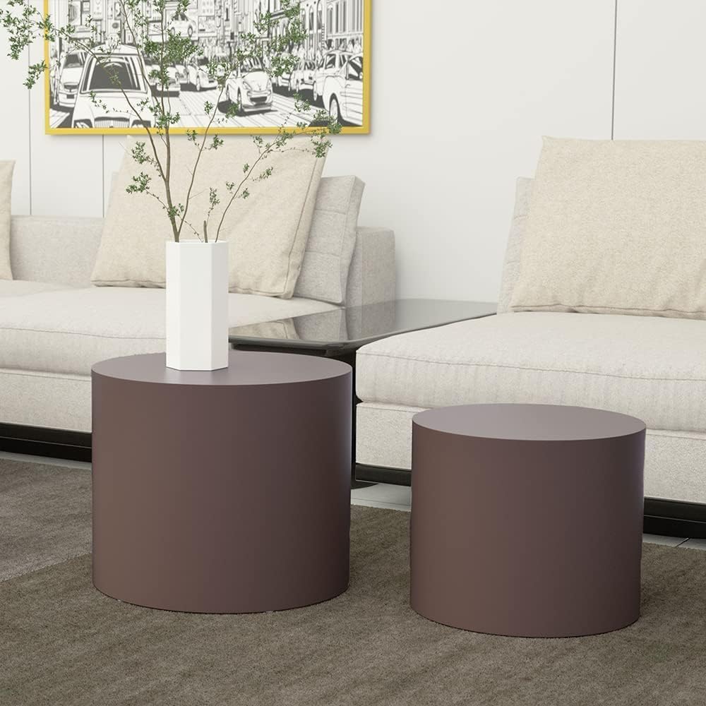 WILLIAMSPACE Nesting Coffee Table Set of 2, Brown Round Wooden Nesting Tables Modern Circle Table for Small Space Living Room Bedroom Accent End Side Table, 18.9*H15.75 (Matte Brown-Round)