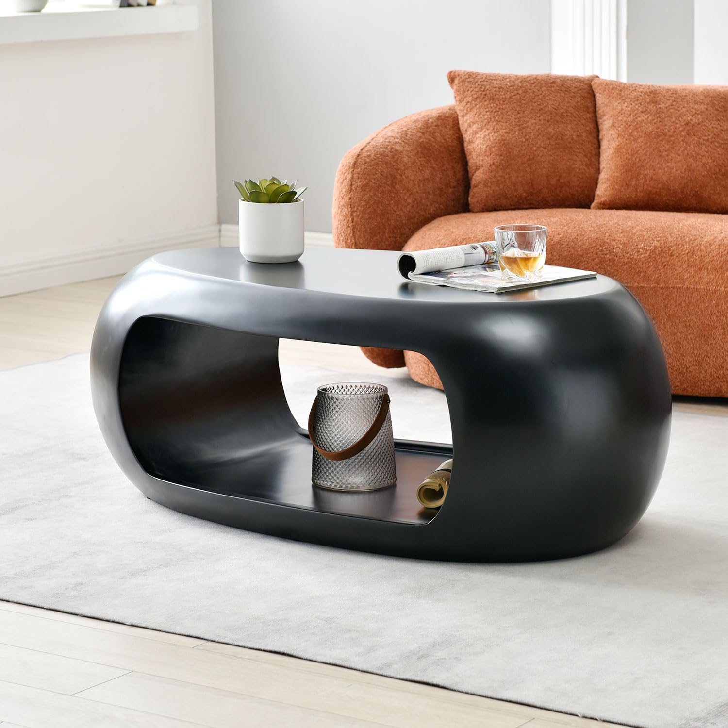 WILLIAMSPACE 39.37 Modern Black Oval Coffee Table with Storage for Living Room, Fiberglass Coffee Table, Double Layer Coffee Table Side Table End Table, No Assembly, 39.37*17.32*17.32 (Black)