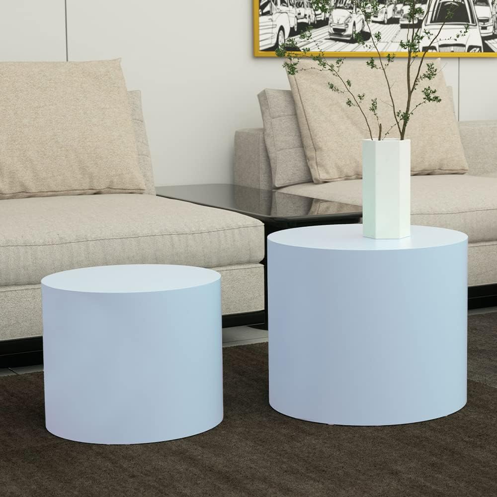 WILLIAMSPACE Nesting Coffee Table Set of 2, Blue Round Wooden Nesting Tables Modern Circle Table for Small Space Living Room Bedroom Accent End Side Table, 18.9*H15.75 (Matte Blue-Round)