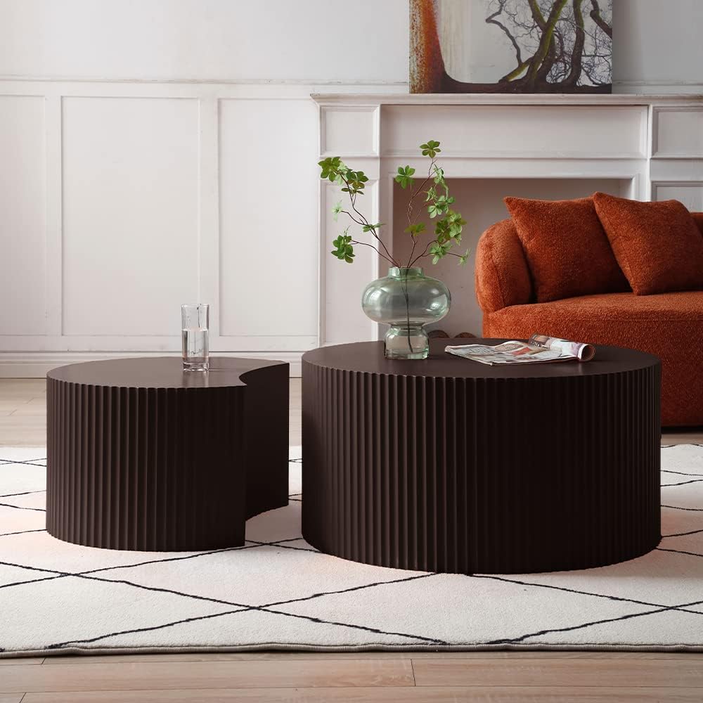 WILLIAMSPACE Nesting Coffee Table Set of 2, Matte Brown Round Wooden Coffee Tables, Modern Luxury Side Tables Accent End Table for Living Room Apartment (Brown-Round)