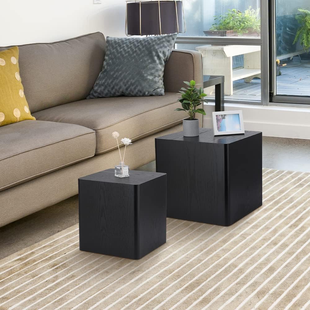 WILLIAMSPACE Black Nesting Coffee Table Set of 2, Square Wooden Coffee Tables Modern Table for Living Room Accent End Side Table (Black-Square)