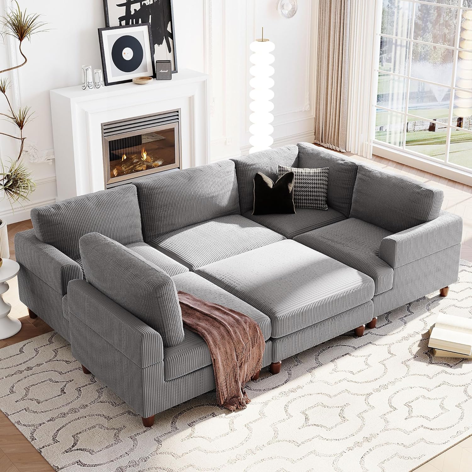 WILLIAMSPACE Modular Sectional Sofa Couch with Ottoman, Modern Upholstered 5 Seater Sectional Couch, Corner Sofa for Living Room, Office, Spacious Space (Grey)