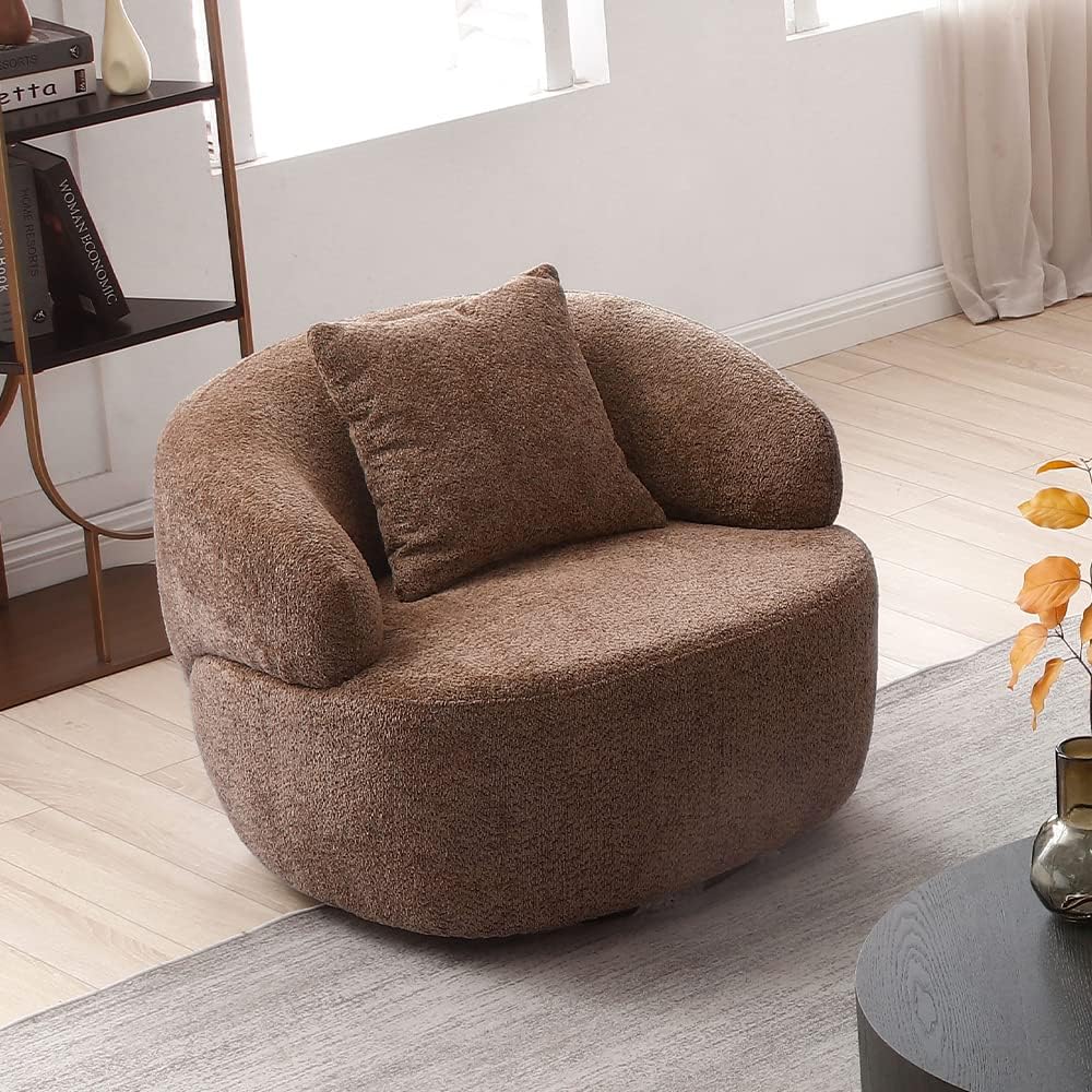 WILLIAMSPACE Swivel Accent Sofa Chair, Round Back Boucle Barrel Chair with Pillow, Modern Leisure Arm Chair for Hotel Living Room Bedroom Office (Brown)