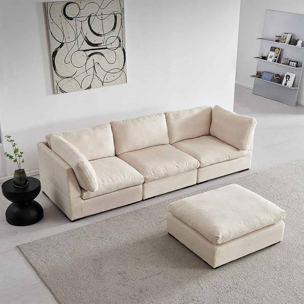 WILLIAMSPACE 99 Sectional Sofa Couch for Living Room,L-Shaped Sofa with Feather Filled & Ottoman, 4 Seater Down-Filled Overstuffed Upholstered, Modern Luxury Couch for Living Room, Apartment (Beige)