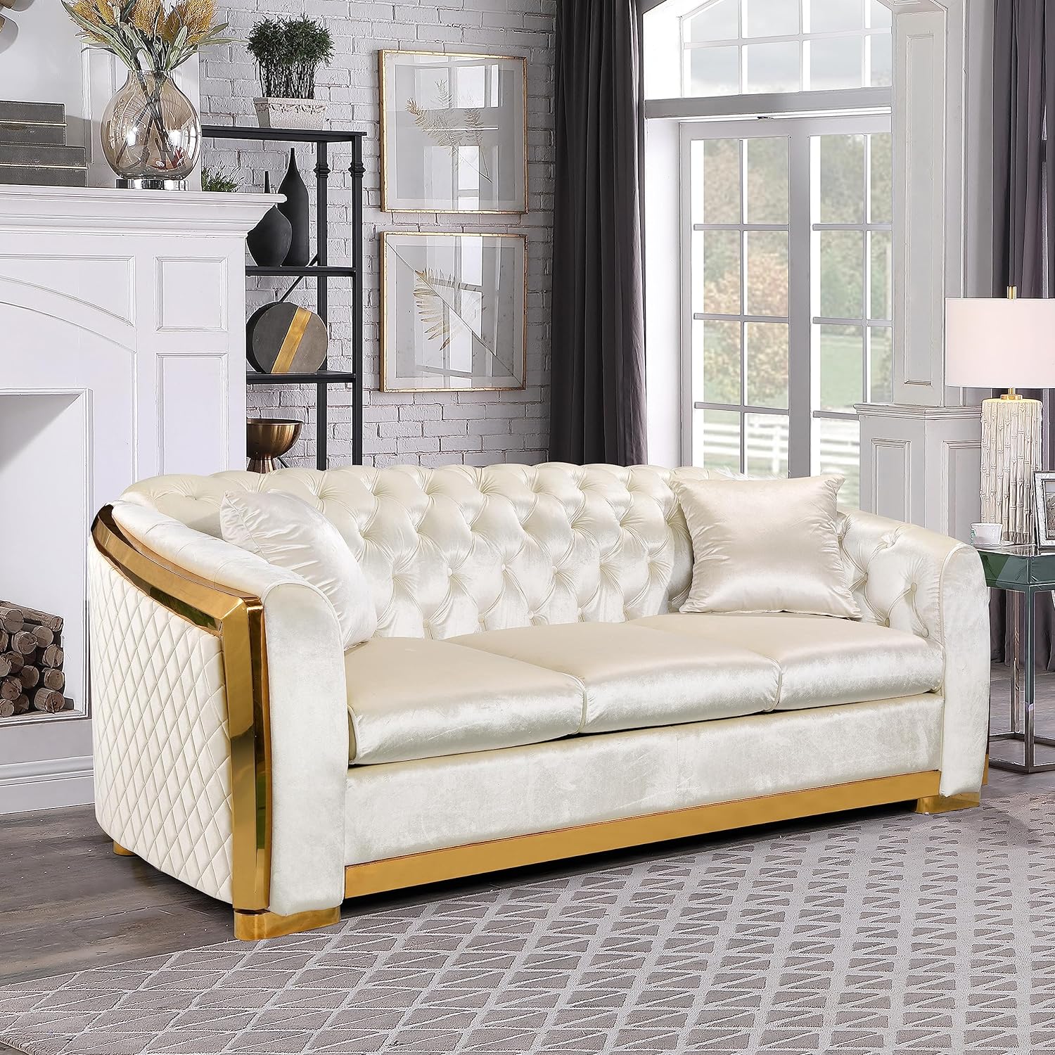 WILLIAMSPACE 81.1 Tufted Velvet Sofa Couch for Living Room, 3 Seater Button Sofa with Stainless Steel Gold Plating Decoration, Comfy Soft Upholstered Couch with 2 Pillows - White