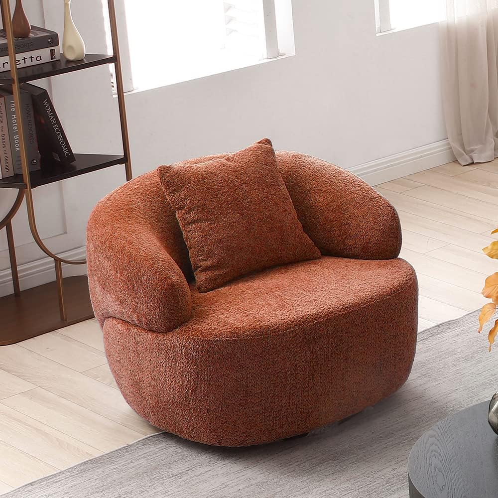 WILLIAMSPACE Swivel Accent Sofa Chair, Round Back Boucle Barrel Chair with Pillow, Modern Leisure Arm Chair for Hotel Living Room Bedroom Office (Orange)