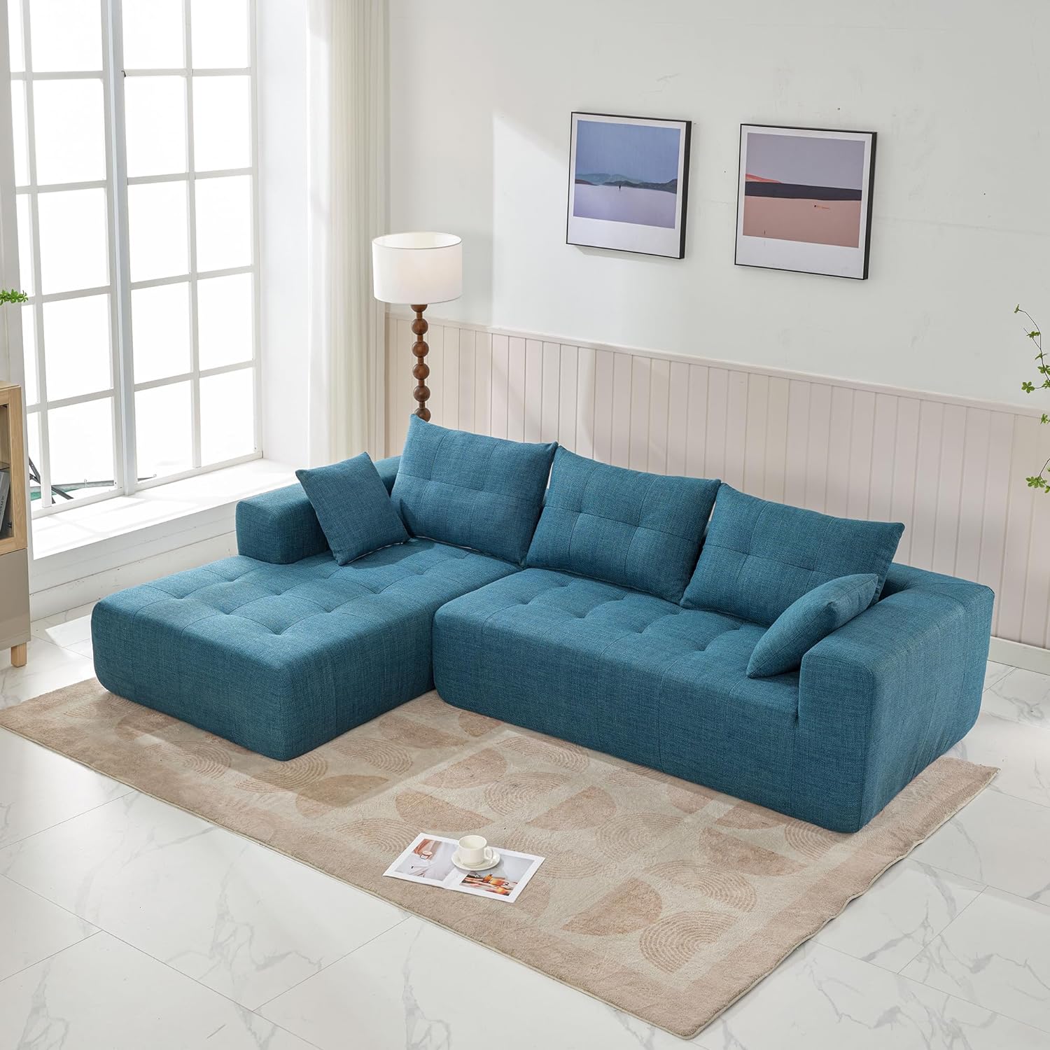 WILLIAMSPACE 100.24 Modular Sectional Sofa Couch for Living Room, Modern Upholstered Floor Sofa, L-Shaped Sleeper Sponge Sofa with Chaise Lounge & Pillows for Home Office, Linen Fabric (Blue)