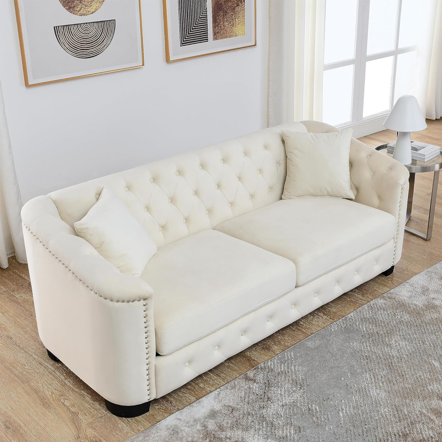 WILLIAMSPACE 77 Velvet Sectional Sofa Couch for Living Room, Modern Chesterfield Sofa 3-Seater Couch, Upholstered Tufted Backrests with Nailhead Arms and 2 Cushions for Apartment Office (Beige)