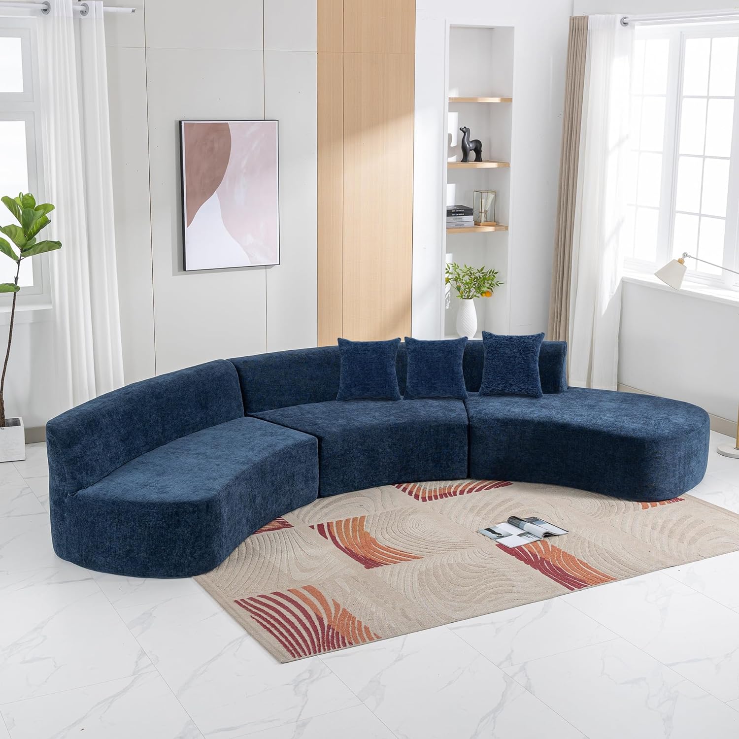 WILLIAMSPACE 136.6 Curved Sofa Sponge Sectional Couch, Modern Upholstered Floor Sofa for Living Room, Modular Curved Sofa Couch with Chaise Lounge & 3 Throw Pillows, Chenille Fabric (Blue)