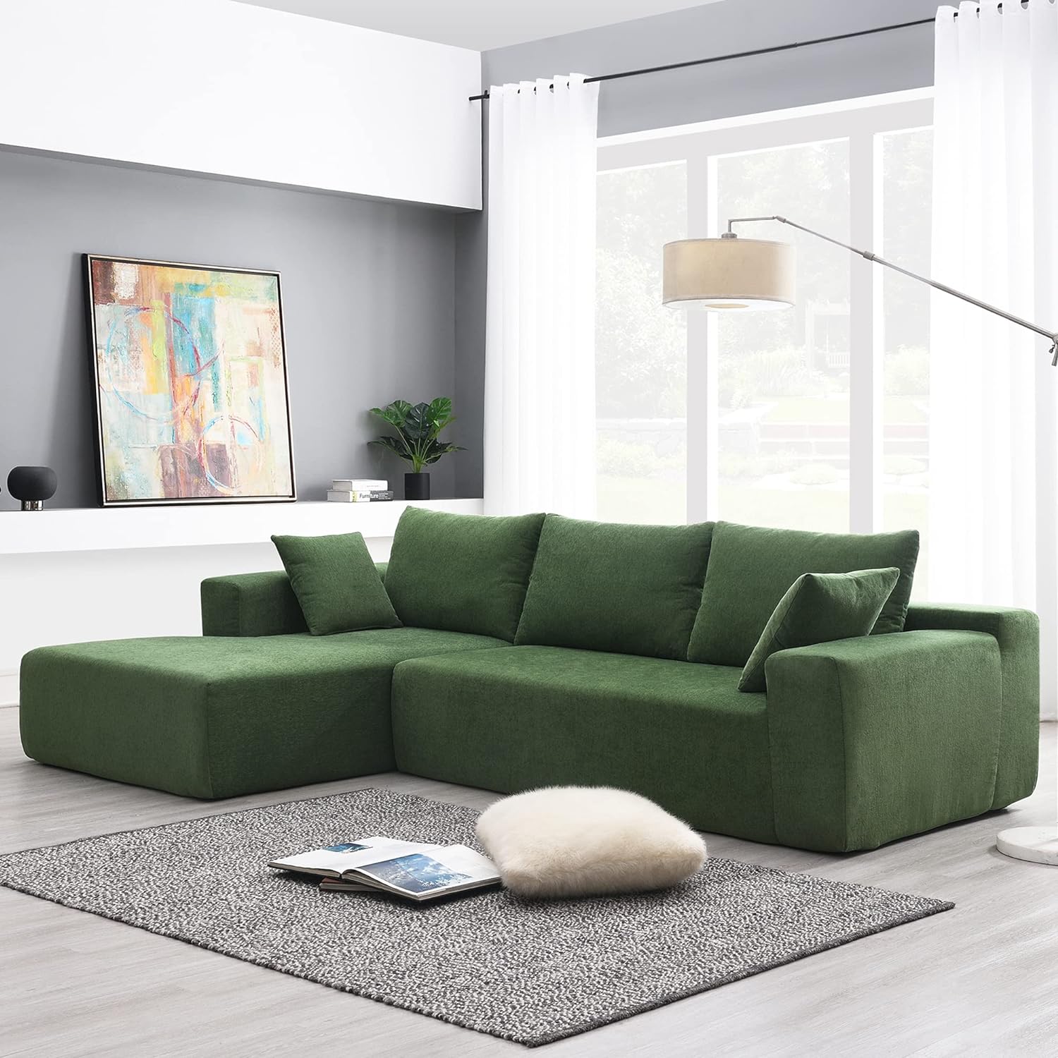 WILLIAMSPACE 109 Modular Sectional Sofa Couch for Living Room, Modern Upholstered Floor Sofa, L-Shaped Sponge Sofa Couch with Chaise Lounge & Pillows for Home Office, Chenille Fabric (Green)