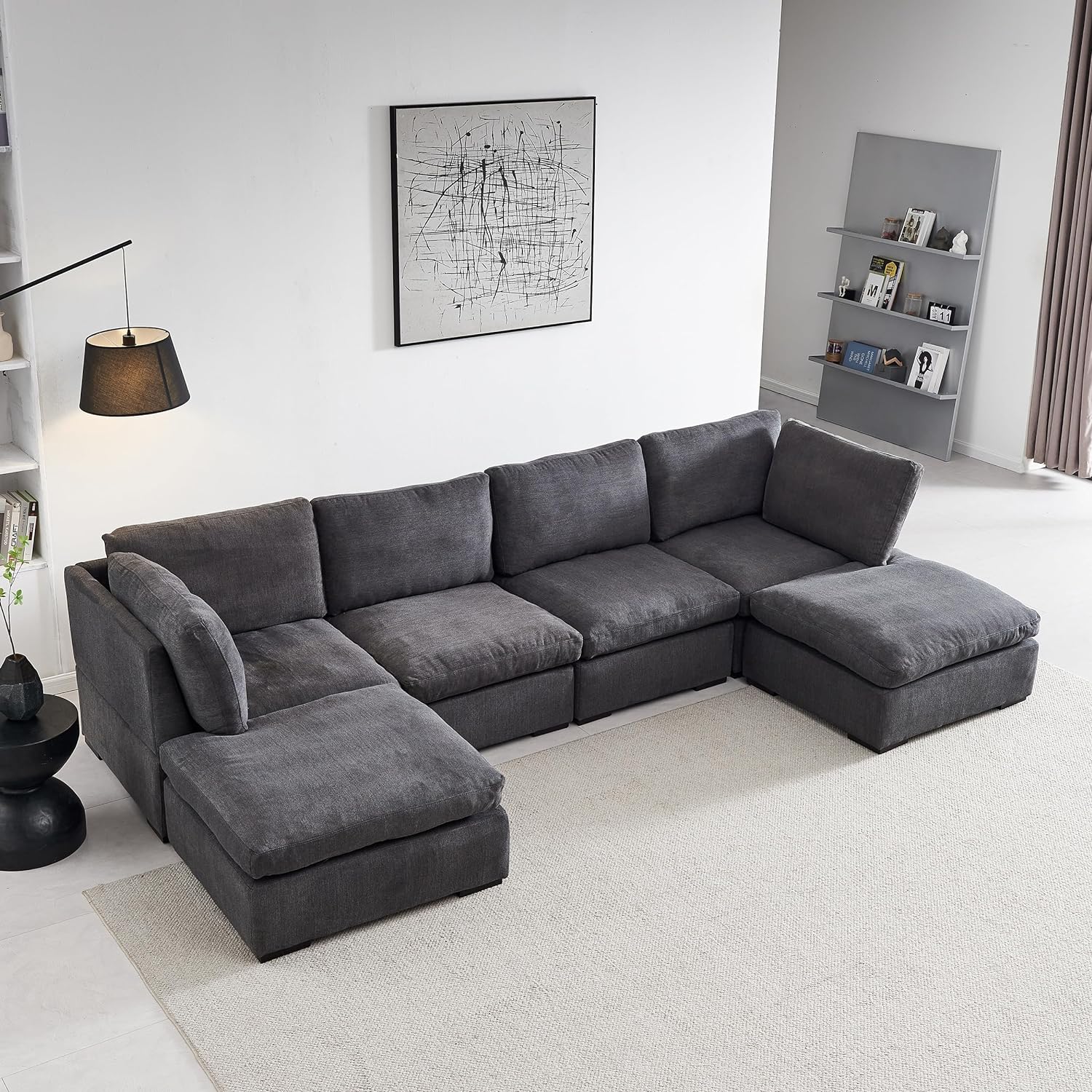 WILLIAMSPACE 129 Sectional Sofa Couch with Feather Filled, Modern U-Shaped Sofa with Ottoman, Down-Filled Overstuffed Upholstered, Modern Luxury Couch for Living Room, Apartment - Dark Grey