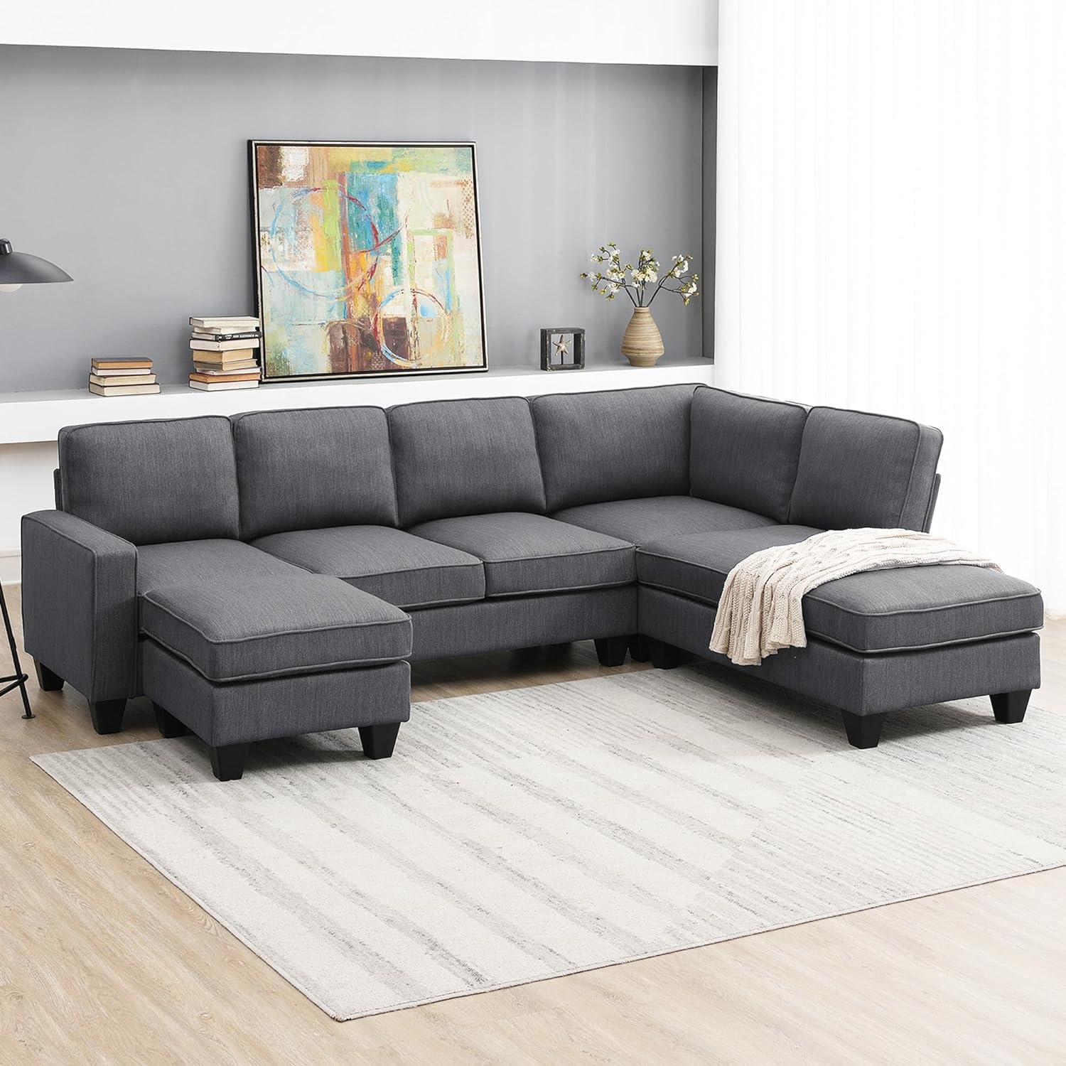 WILLIAMSPACE 104 Sectional Sofa Couch with Ottoman, Upholstered 7-Seat L-Shaped Sofa Set with Chaise Lounge, Modular Couch for Living Room, Apartment (Dark Grey)