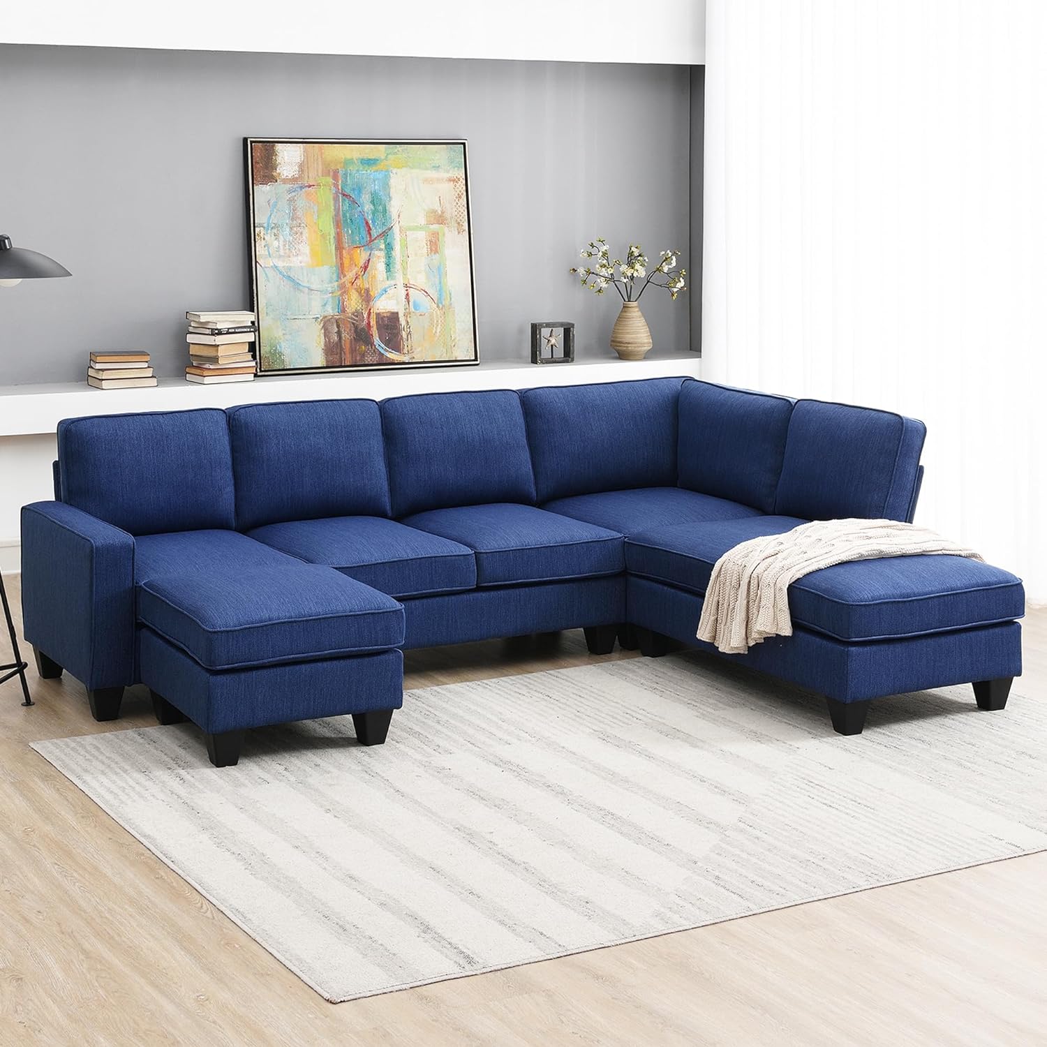 WILLIAMSPACE 104 Sectional Sofa Couch with Ottoman, Upholstered 7-Seat L-Shaped Sofa Set with Chaise Lounge, Modular Couch for Living Room, Apartment (Blue)