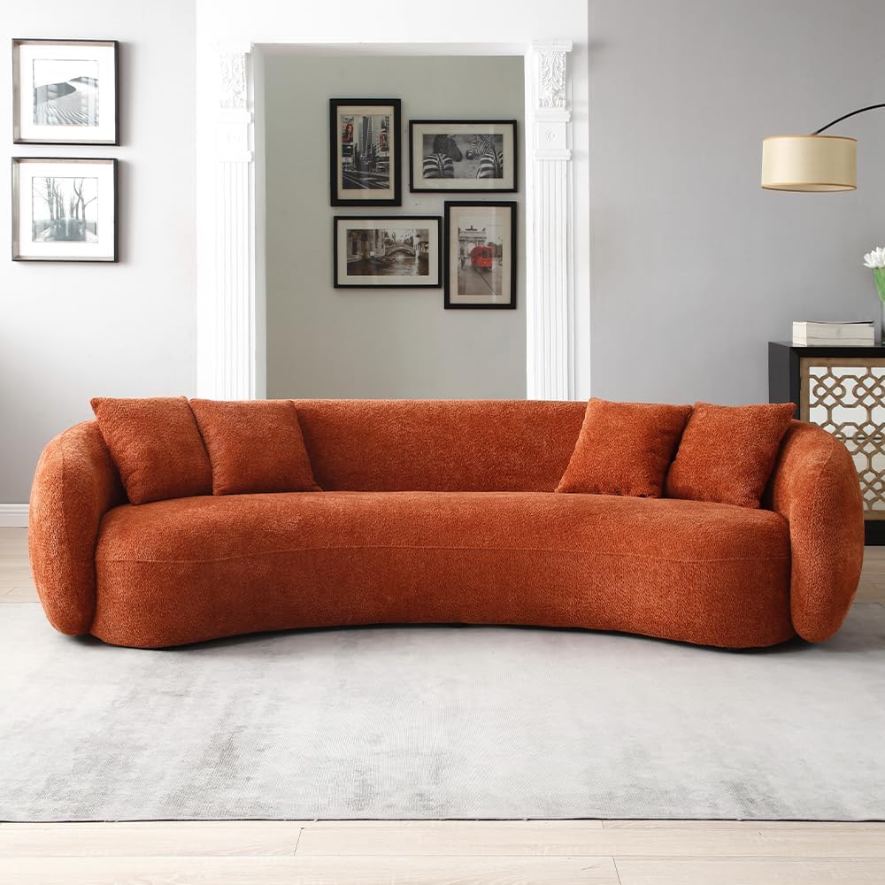 WILLIAMSPACE 101 Modern Oversized Curved Sofa, Back Upholstered Boucle Couch with 4 Throw Pillows, 4-Seat Teddy Boucle Fabric Couch for Living Room, Office, Apartment - Orange