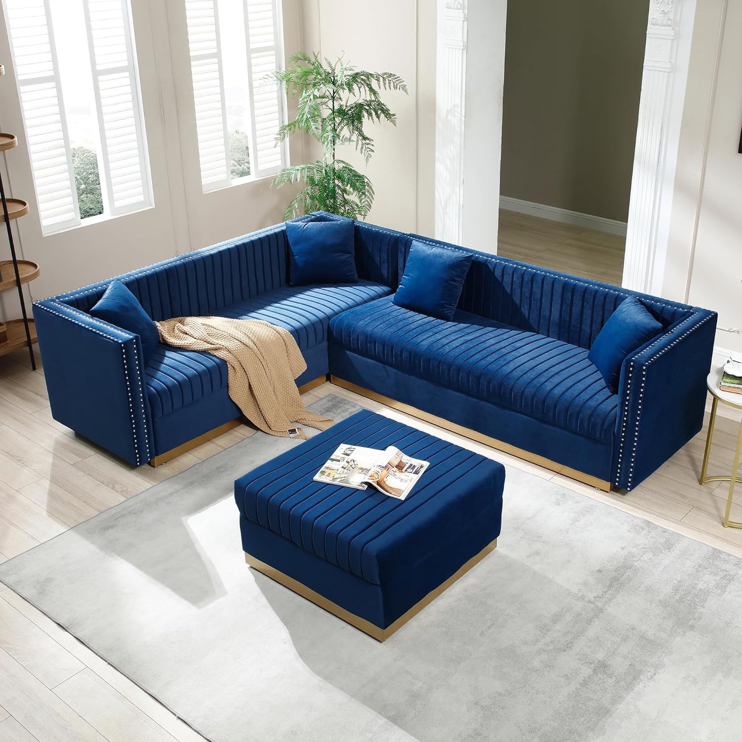 WILLIAMSPACE 100.8*78 Sectional Sofa Couch with Ottoman for Living Room, Modern Upholstered L-Shaped Sofa 5 Seat Couch with 4 Pillows & Gold Base, Corner Couch Furnitrue for Apartment (Blue)