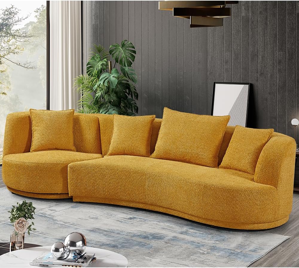 WILLIAMSPACE 109.84 Modern Curved Sofa Couch with 360 Swivel Arm Chair, Modern Upholstery Boucle Sofa 3 Seat Couch with 4 Throw Pillows, Luxury Curved Couch for Living Room Apartment (Yellow)