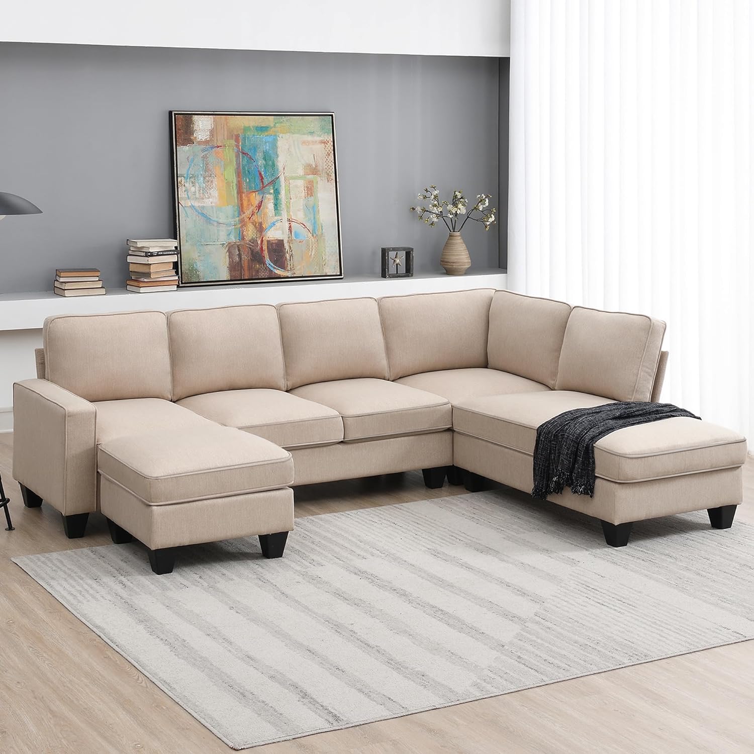 WILLIAMSPACE 104 Sectional Sofa Couch with Ottoman, Upholstered 7-Seat L-Shaped Sofa Set with Chaise Lounge, Modular Couch for Living Room, Apartment (Beige)