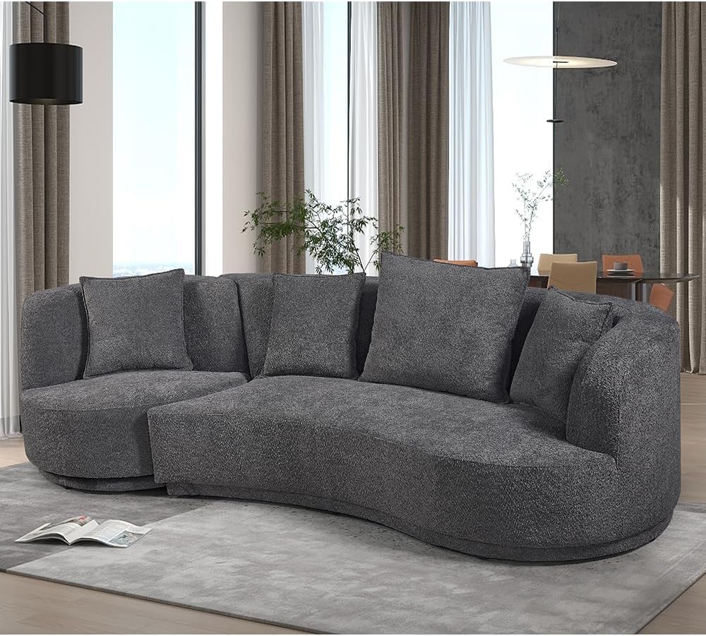 WILLIAMSPACE 109.84 Modern Curved Sofa Couch with 360 Swivel Arm Chair, Modern Upholstery Boucle Sofa 3 Seat Couch with 4 Throw Pillows, Luxury Curved Couch for Living Room Apartment (Dark Grey)