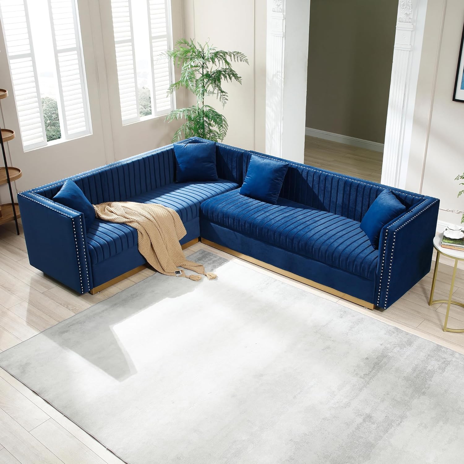 WILLIAMSPACE 100.8*78 Velvet Sectional Sofa Couch for Living Room, Modern Upholstered L-Shaped Sofa 5 Seat Couch with 4 Pillows & Gold Base, Corner Couch Furnitrue for Living Room Apartment (Blue)