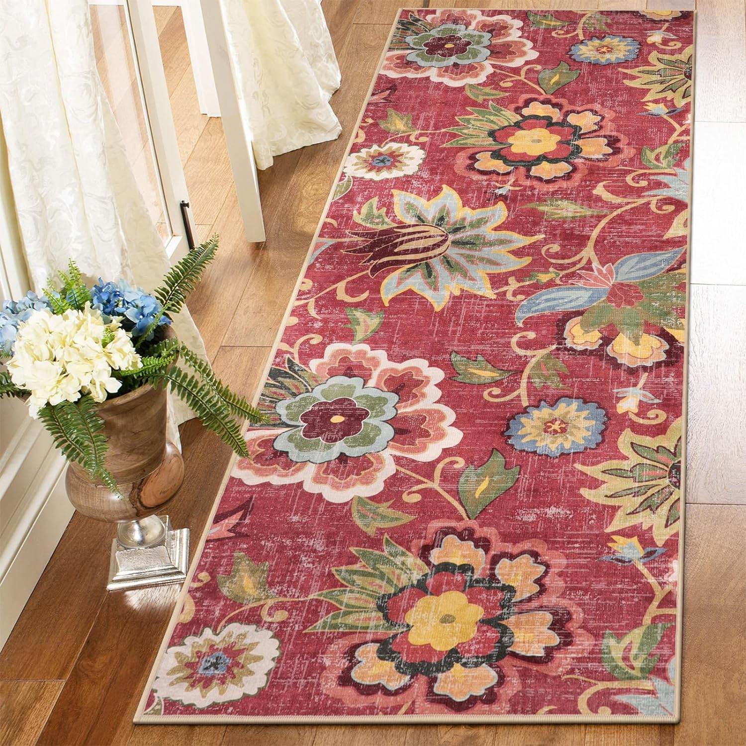 Floral Washable Hallway Runner Rug, 2x6 Red Carpet Vintage Runners for Hallway with Rubber Backing, Kitchen Runner Rugs Non Skid Washable Rug for Bedroom Entrway Laundry Room