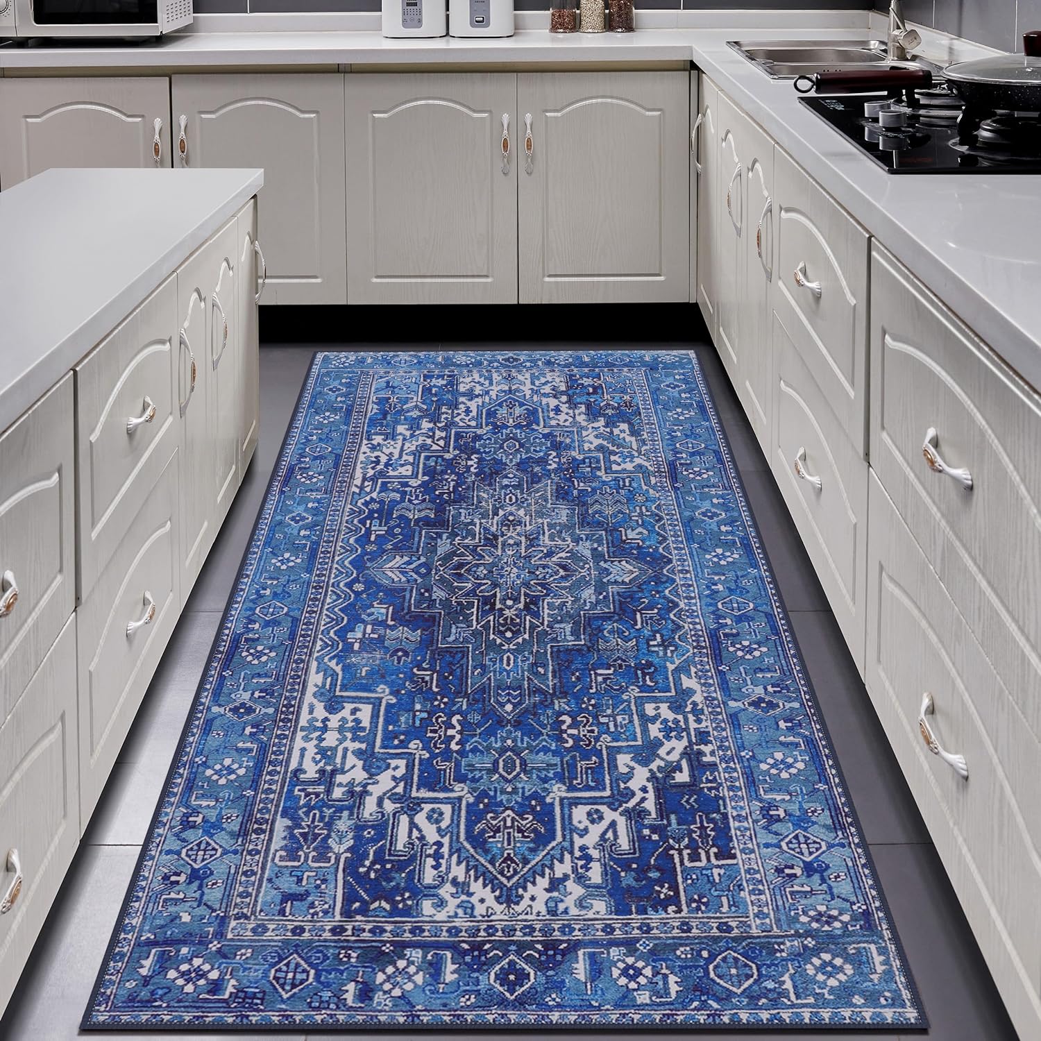 Stain Resistant Kitchen Rugs and Mats Non Skid Washable Runner 2'6x6' for Hallways No Crease Machine Washable Rubber Backing- Bedroom & Dining Room - Vintage Floor Carpet Family & Pet Friendly