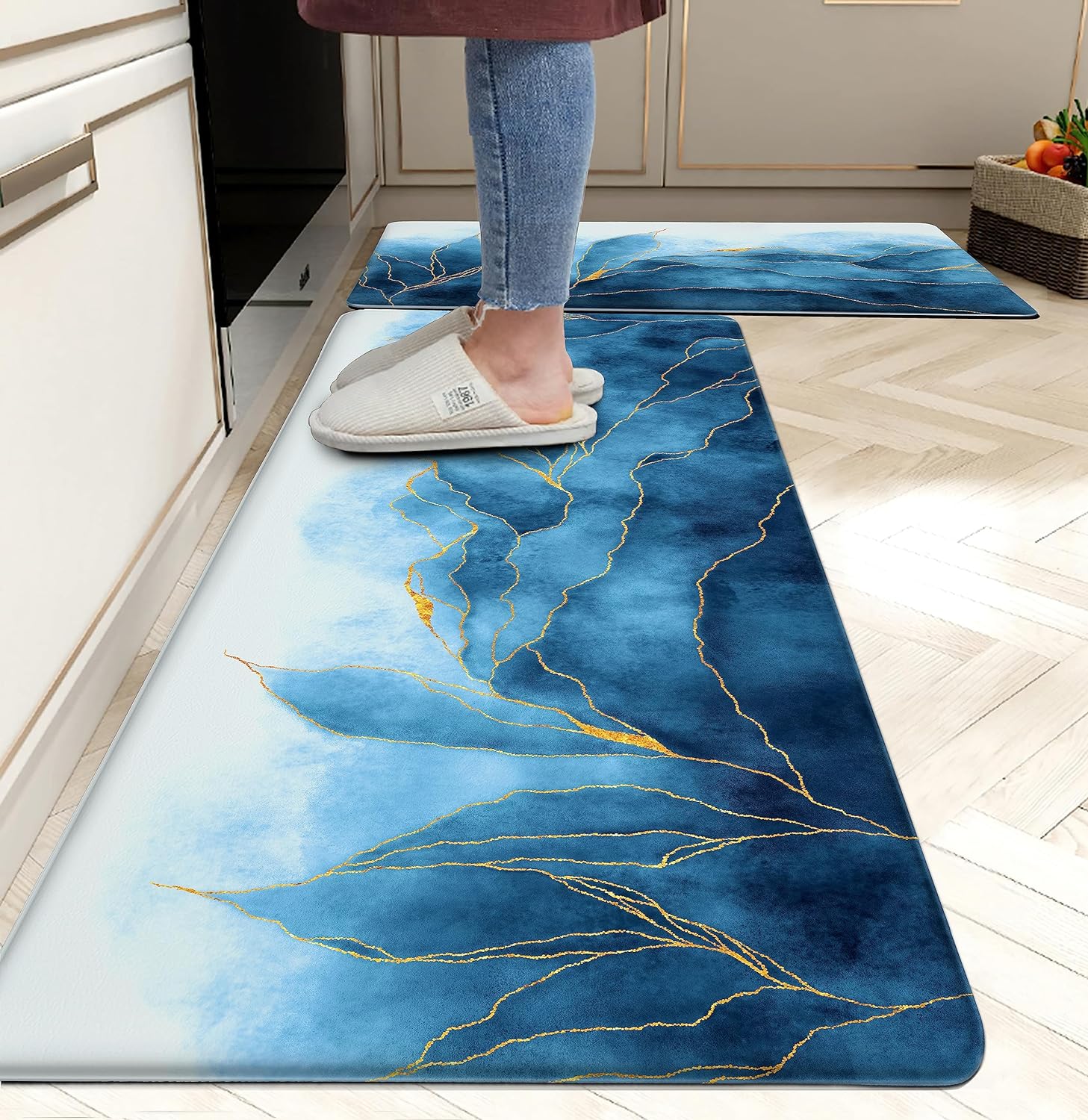 chiinvent Blue Kitchen Rugs Gold Stripes Modern Ink Art Decor Kitchen Floor Mat Cushioned Memory Foam Padded PVC Leather Heavy Duty Comfort Standing Runner Rugs, 17.3x28 17.3x47 inch