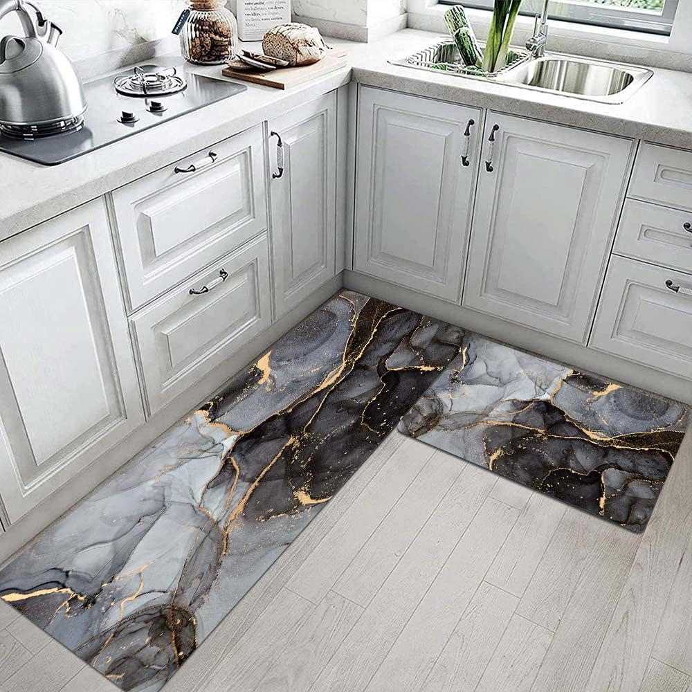 Luxury Black and Gray Marble Kitchen Rugs and Mats Anti Fatigue PVC Leather Set of 2 Non-Slip Waterproof Comfort Standing Floor for Sink Laundry 17.329 17.3X47