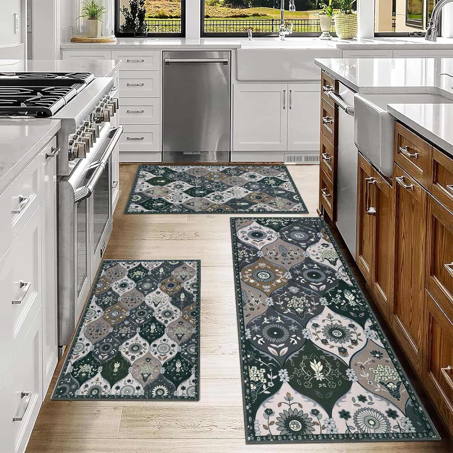 Falflor Moroccan Trellis Kitchen Rug Sets 3 Piece with Runner Non Skid Kitchen Rug and Mats Comfortable Floor Mats for Kitchen Washable Kitchen Floor Mat Sets for Hallway Dinning Room Bathroom