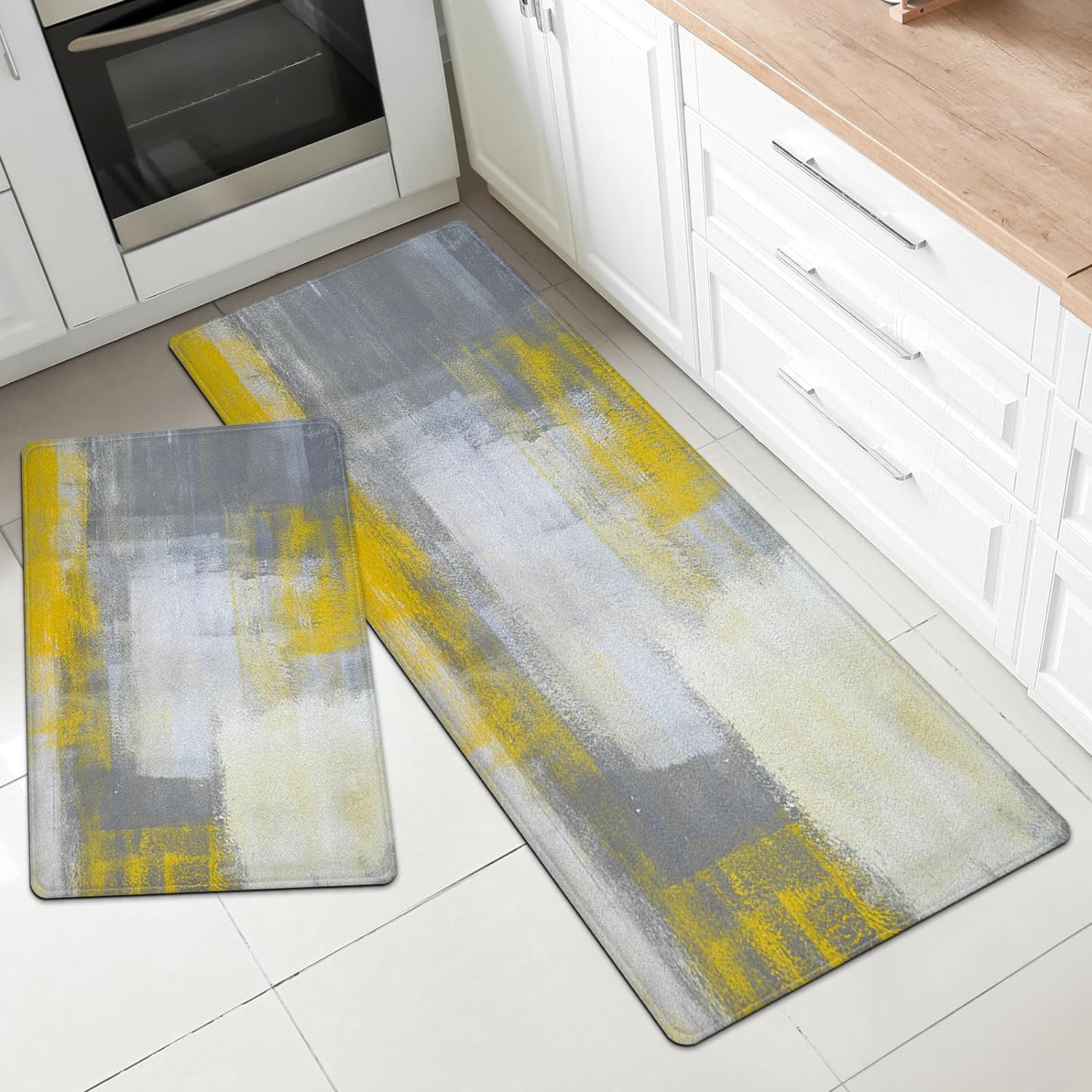 MAYHMYO Kitchen Mat for Floor Grey Yellow Kitchen Rugs and Mats Non Skid Washable 17X48 17X24 Set of 2 Abstract Art Kitchen Floor Rugs Mats for Dining Room Floor Home Sink Laundry