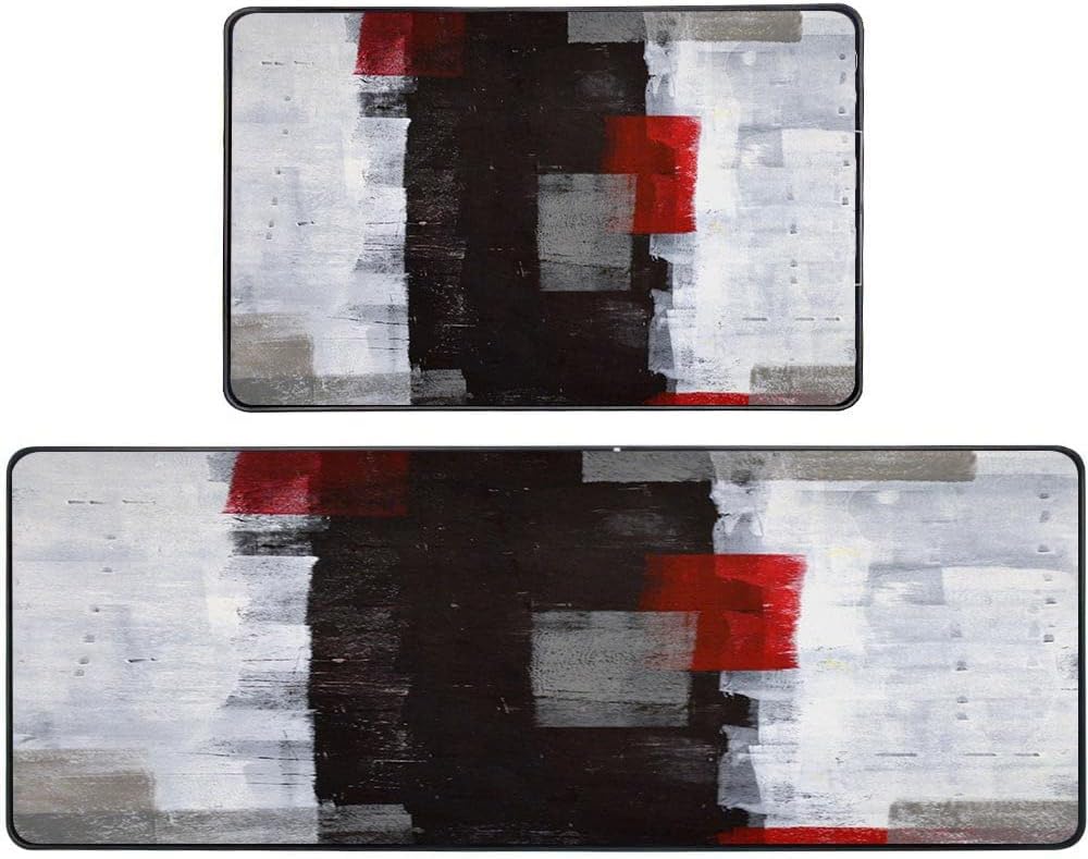 TOMWISH Kitchen Rugs Sets 17X48 17X24 Area Rugs Red and Grey Abstract Art Painting Red Kitchen Rugs Non Skid Washable Decorative Kitchen Mats Set of 2 for Kitchen Dining Room Floor Sink Laundry