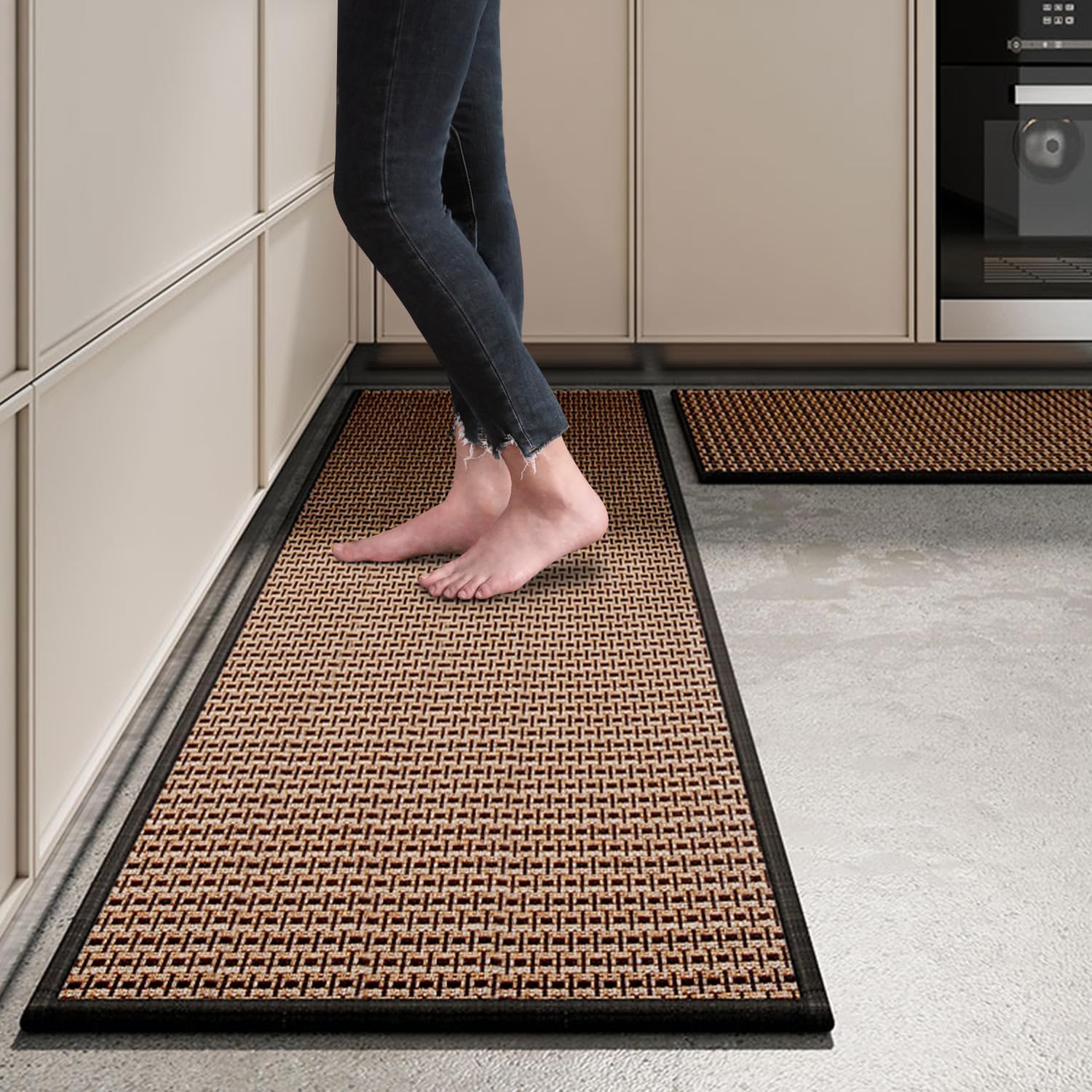 Kitchen Rugs and Mats Non Skid Washable Set of 2 PCS, Absorbent Runner Rugs for Kitchen, Front of Sink, Kitchen Mats for Floor, 17.3x 47 17.3x 29 (Black)