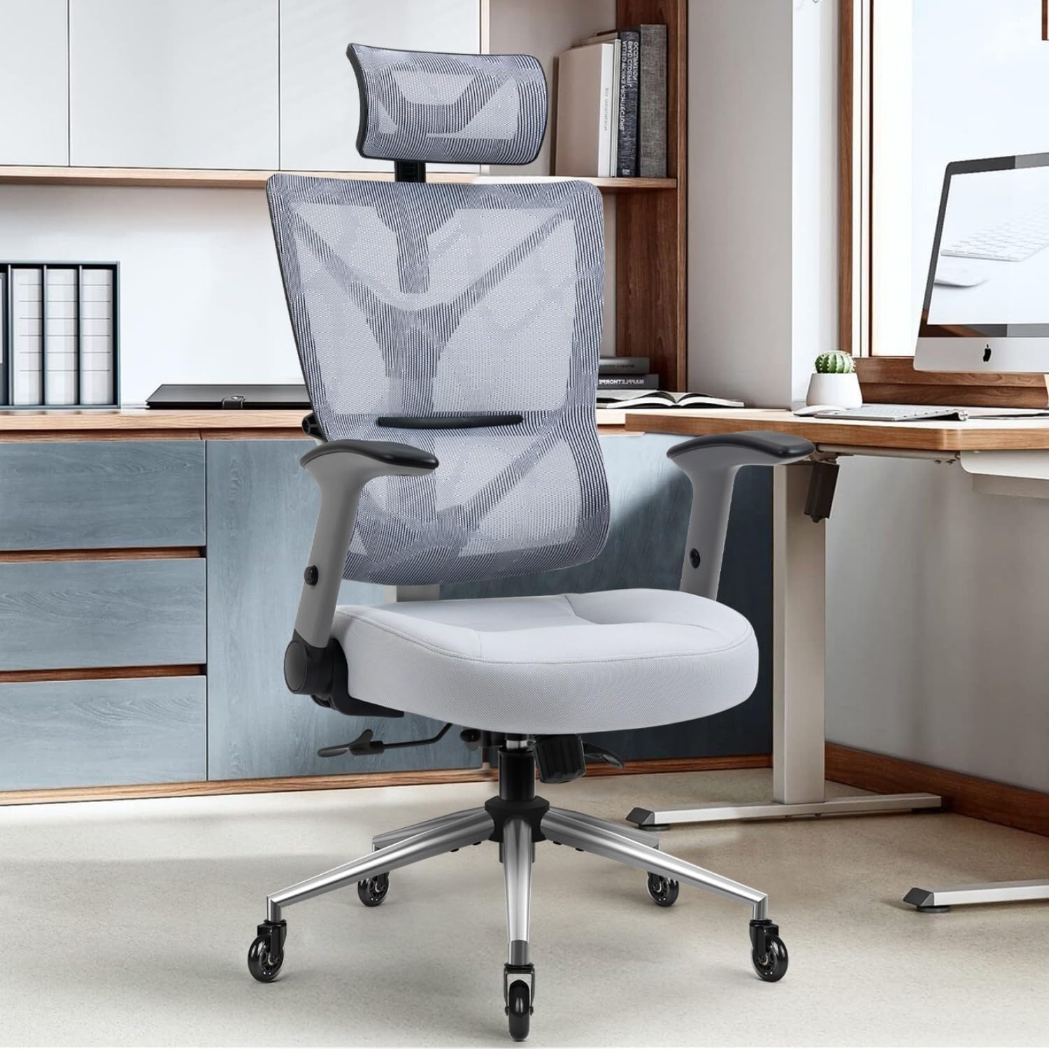 High Back Ergonomic Office Chair Big and Tall with Lumbar Support and Adjustable Arms,Grey Mesh Executive Desk Chair for Adults,Light Grey