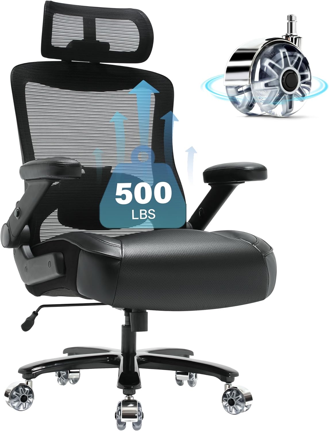 Big and Tall Office Chair 500lbs- Ergonomic Mesh Desk Chair with Adjustable Lumbar Support Headrest 3D Flip Up Arms Metal Base- High Back Large Executive Computer Office Chair, Extra Wide Seat, Black