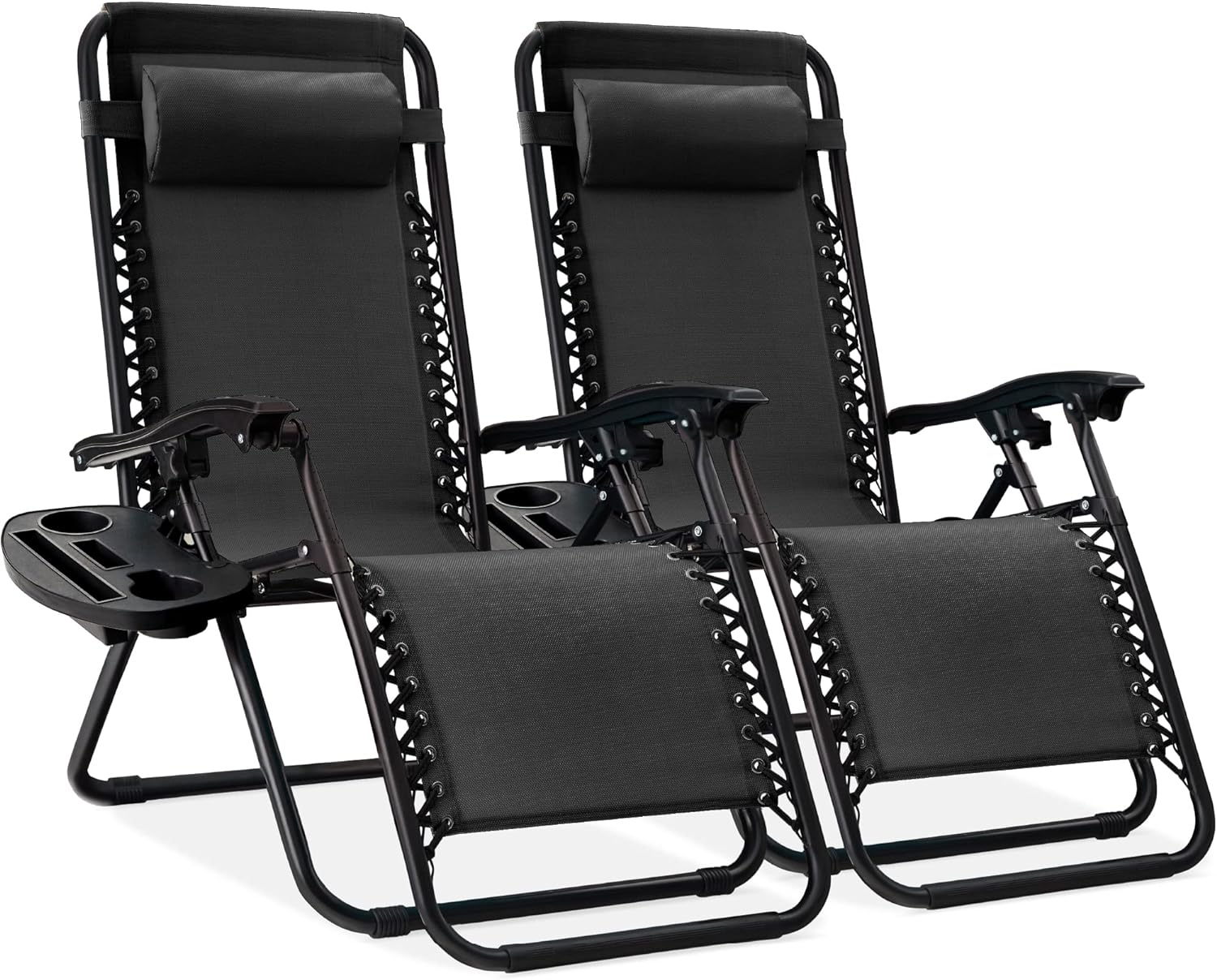 Best Choice Products Set of 2 Adjustable Steel Mesh Zero Gravity Lounge Chair Recliners w/Pillows and Cup Holder Trays, Black