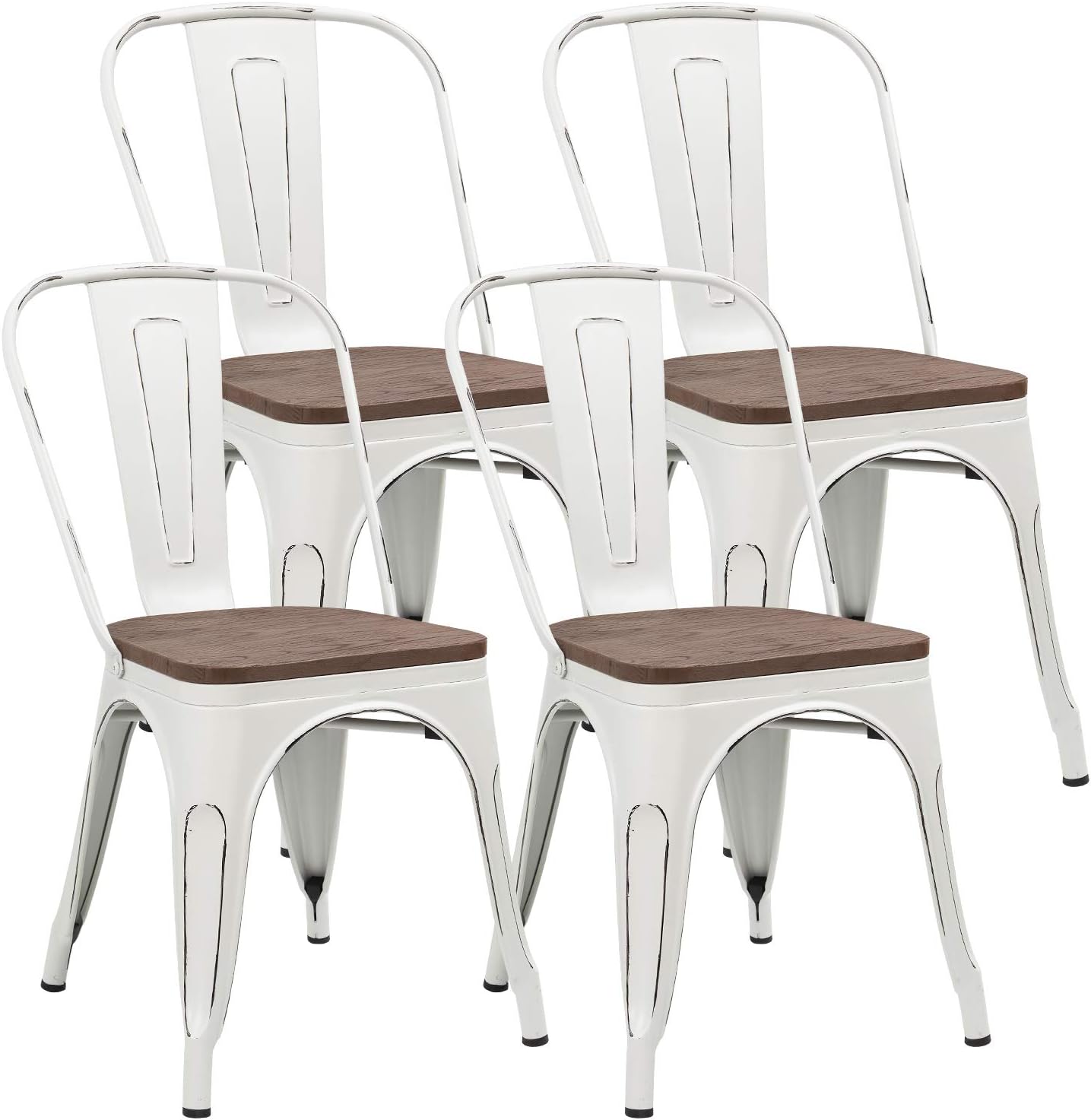 JUMMICO Metal Dining Chair Stackable Industrial Vintage Kitchen Chairs Indoor-Outdoor Bistro Cafe Side Chairs with Back and Wooden Seat Set of 4 (White)