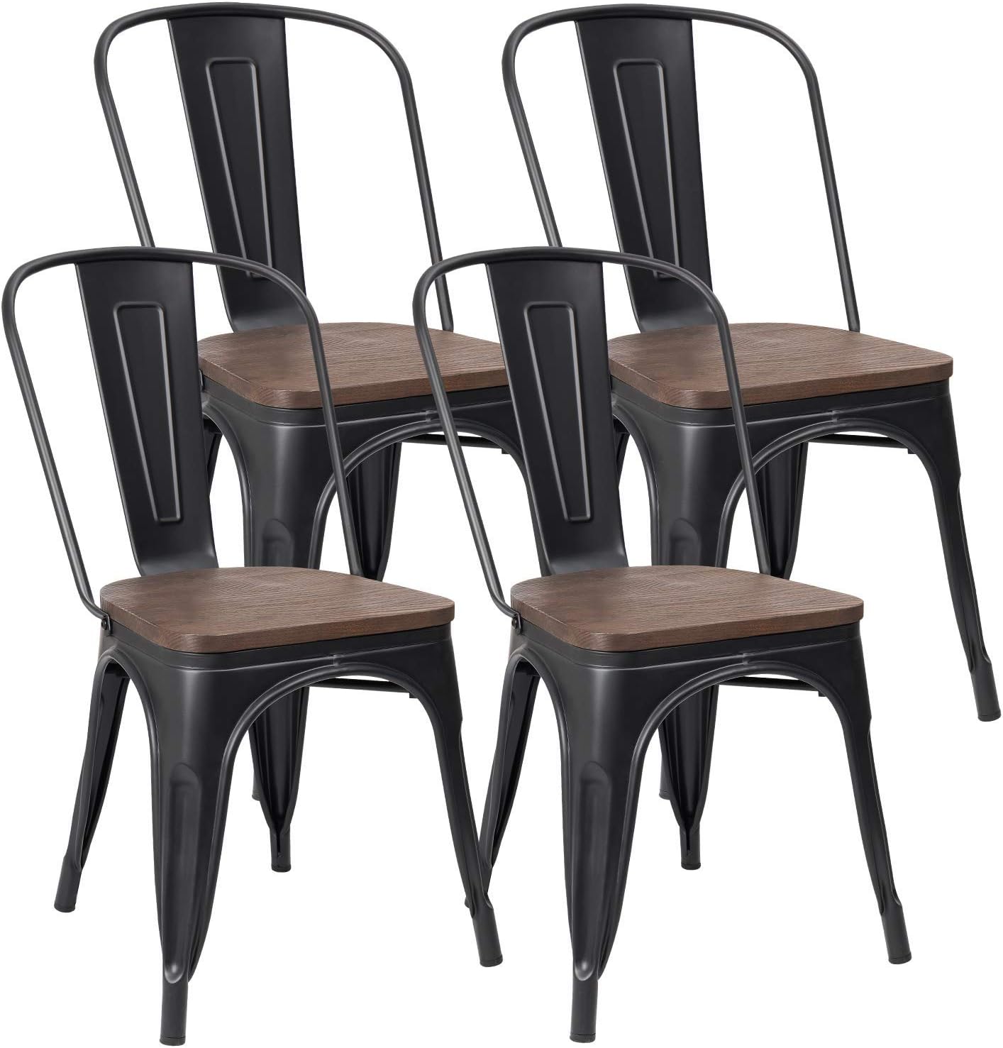 JUMMICO Metal Dining Chair Stackable Industrial Vintage Kitchen Chairs Indoor-Outdoor Bistro Cafe Side Chairs with Back and Wooden Seat Set of 4 (Black)