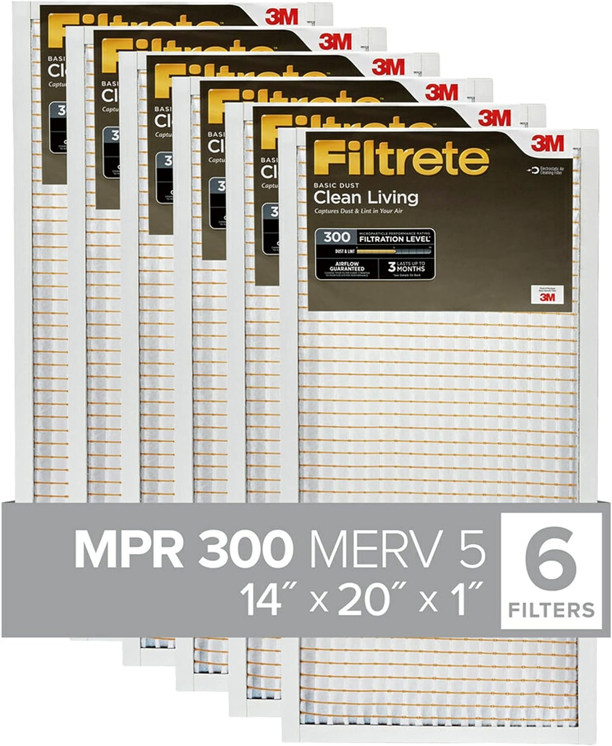 Filtrete 14x20x1 Air Filter, MPR 300, MERV 5, Clean Living Basic Dust 3-Month Pleated 1-Inch Air Filters, (Pack of 6)