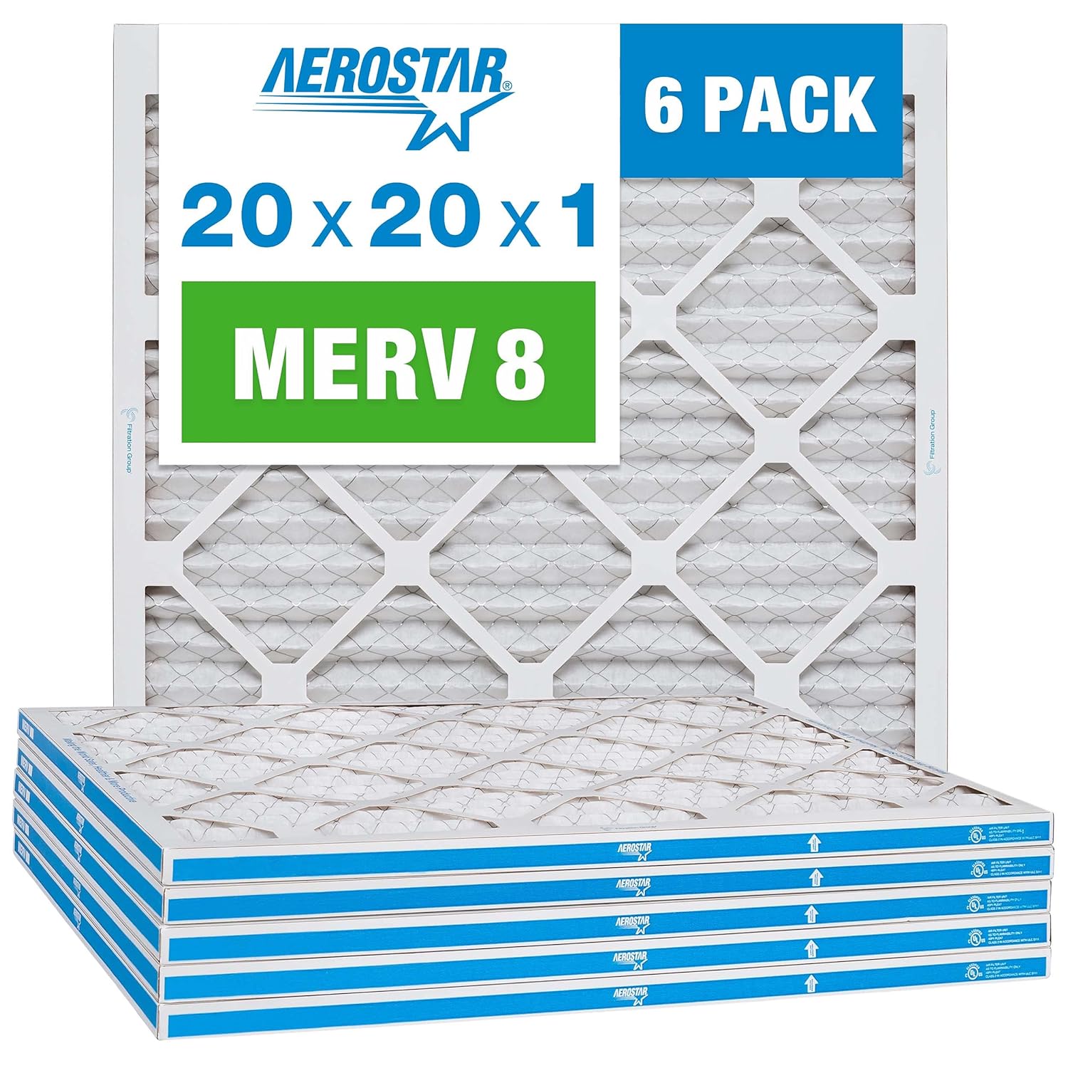 Aerostar 20x20x1 MERV 8 Pleated Air Filter, AC Furnace Air Filter, 6 Pack (Actual Size: 19 3/4 x 19 3/4 x 3/4)