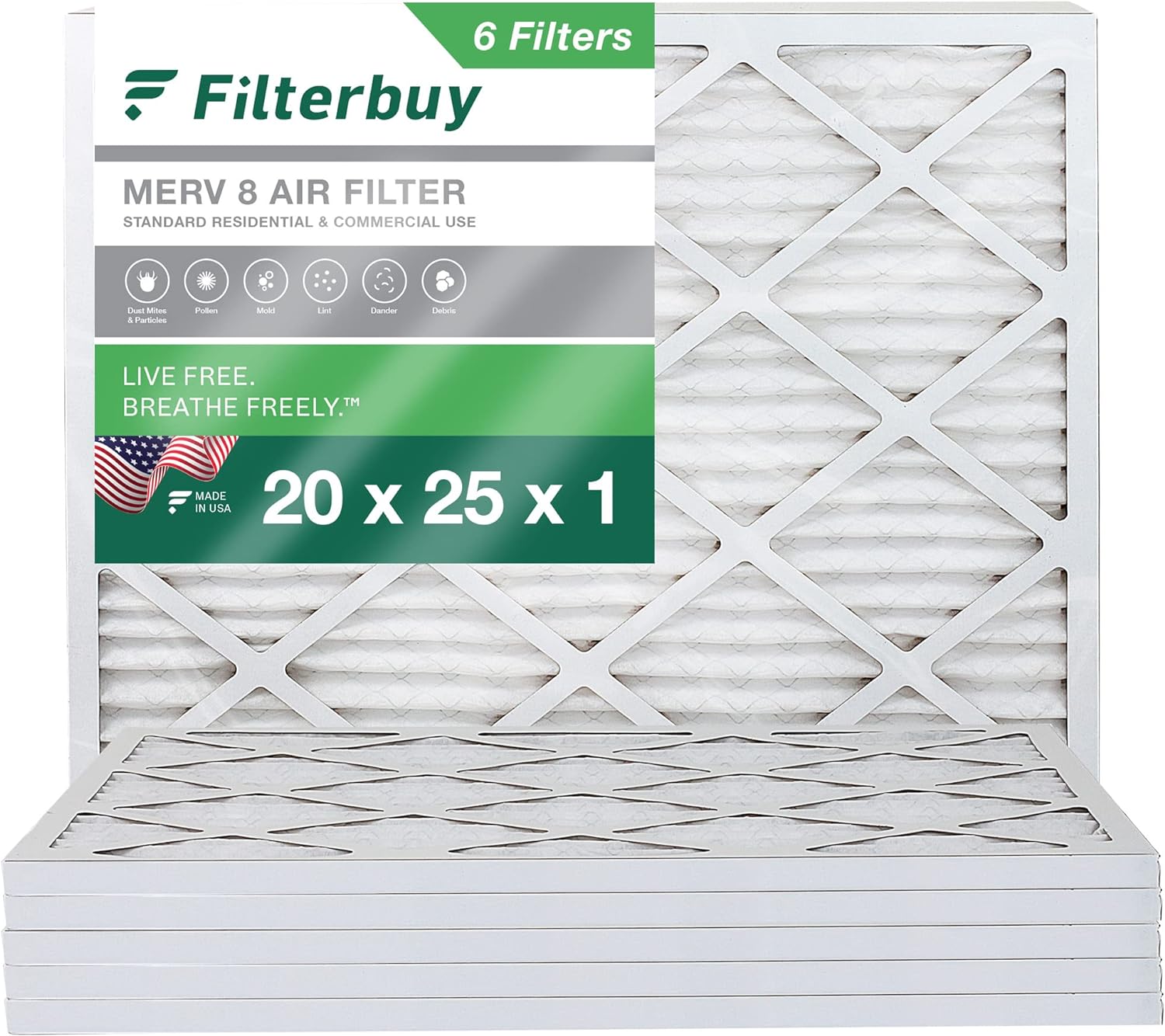 Filterbuy 20x25x1 Air Filter MERV 8 Dust Defense (6-Pack), Pleated HVAC AC Furnace Air Filters Replacement (Actual Size: 19.50 x 24.50 x 0.75 Inches)