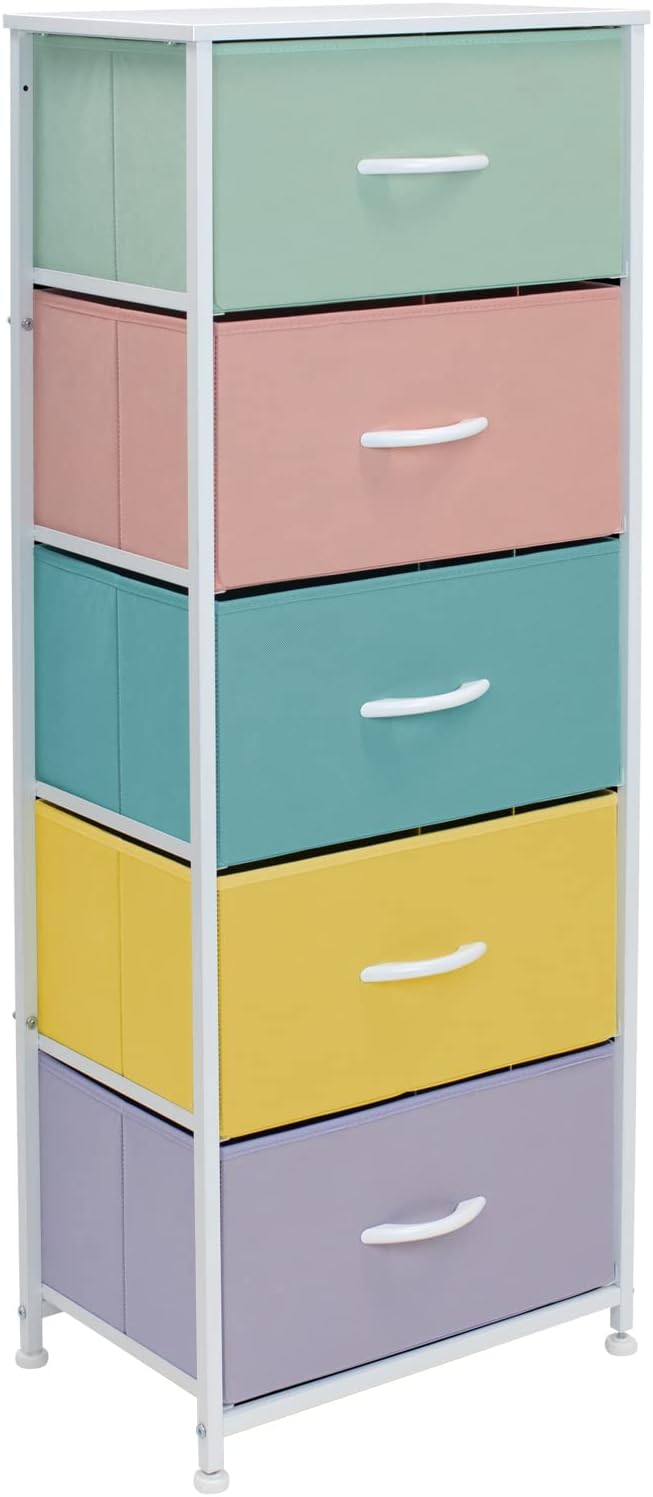 Sorbus Fabric Dresser for Kids Bedroom - Chest of 5 Drawers, Tall Storage Tower, Clothing Organizer, for Closet, for Playroom, for Nursery, Steel Frame, Fabric Bins - Wood Handle (Pastel)