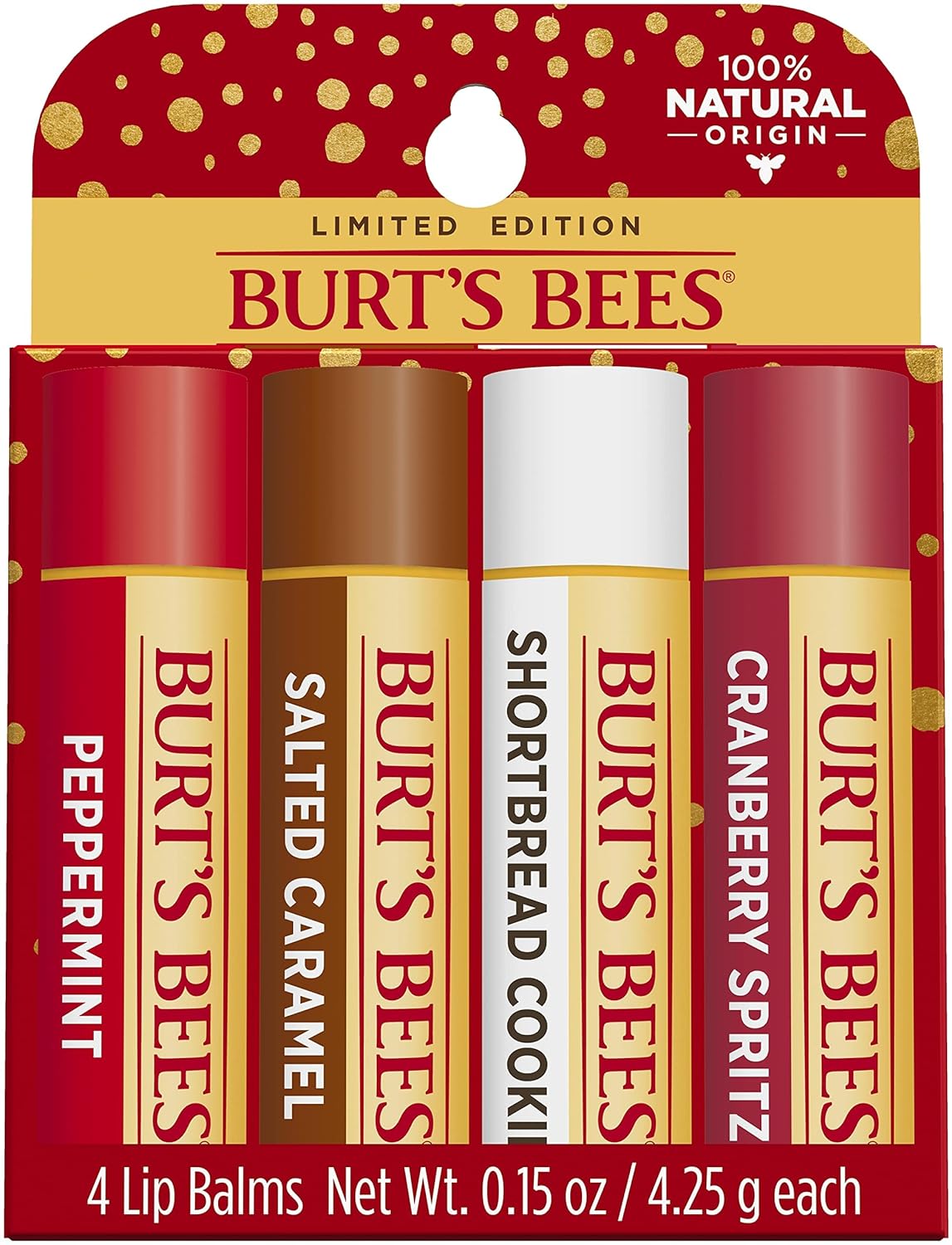 Burt' Bees Lip Balm Stocking Stuffers, Moisturizing Lip Care Christmas Gifts, 100% Natural Origin, Peppermint, Salted Caramel, Shortbread Cookie and Cranberry Spritz Lip Balms (4-Pack)