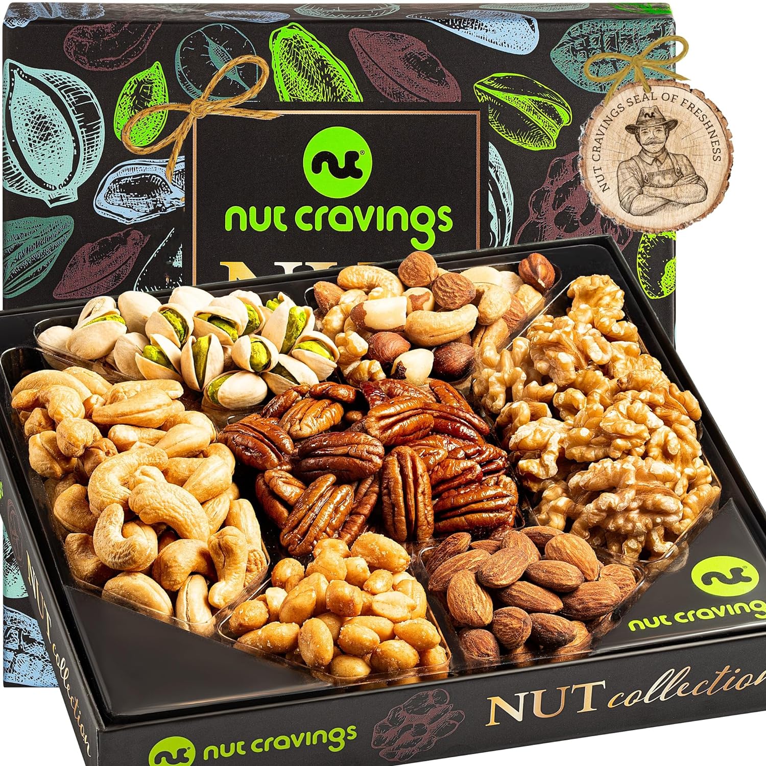 Nut Cravings Gourmet Collection - Easter Nut Collection Gift Basket in Elegant Box (7 Assortments) Purim Mishloach Manot Arrangement Platter, Birthday Care Package - Healthy Kosher USA Made