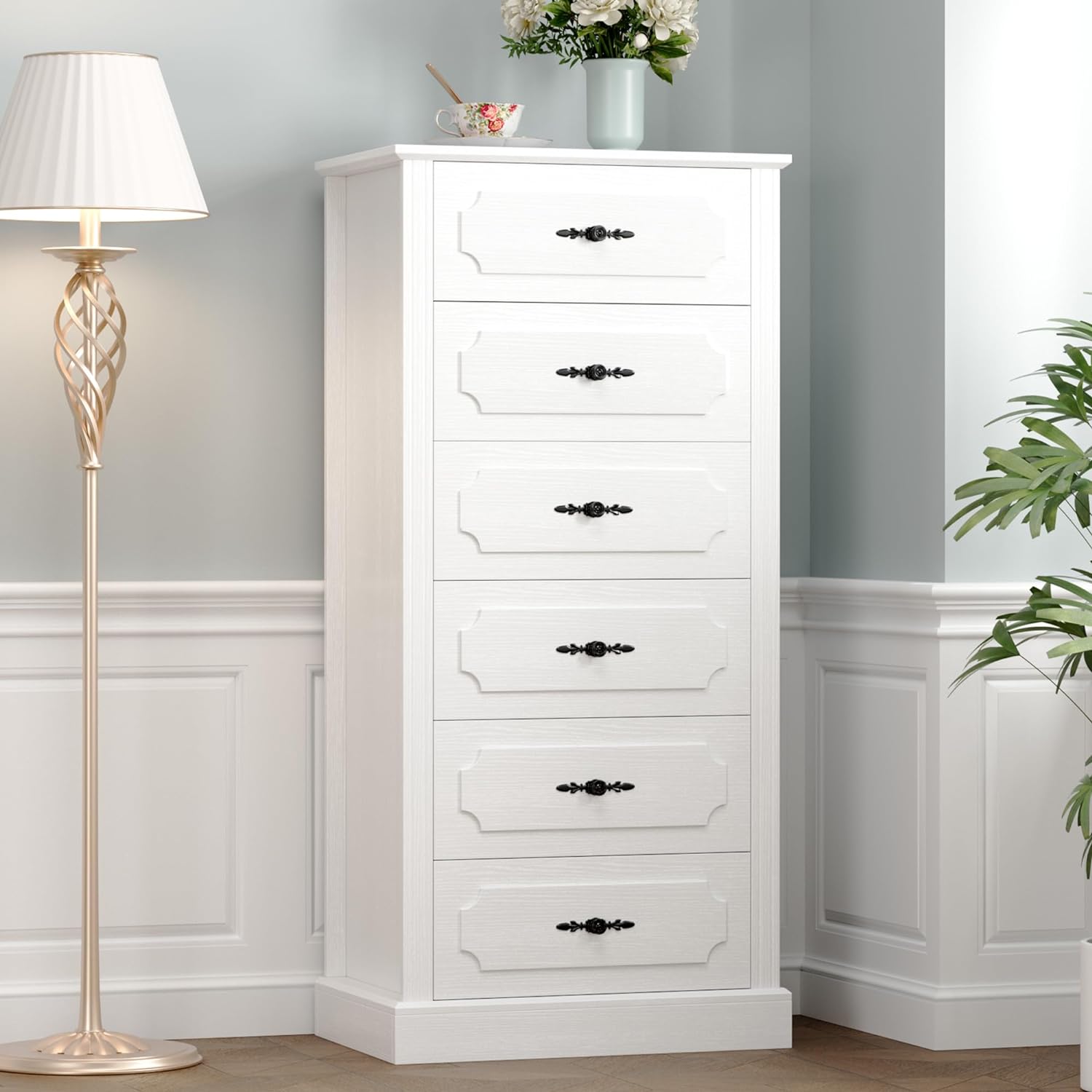 finetones 6 Drawer White Dresser, 51 Tall White Dresser Chest of Drawers, Tall Dresser White 6 Drawer Dresser with Large Storage Space, Modern Storage Chest of Drawers, Super Stable Base