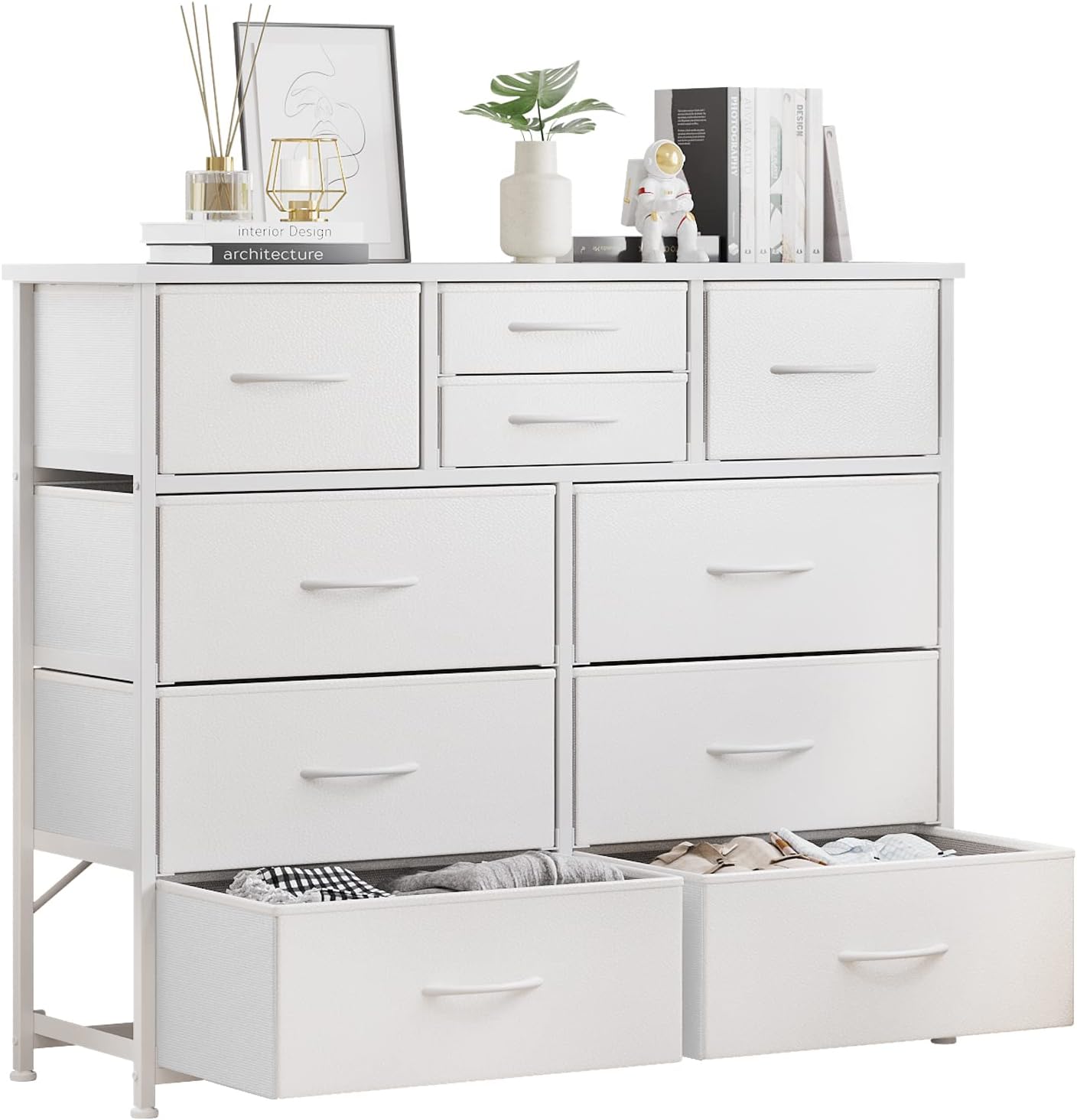 LUMTOK 10-Drawer Dresser, Fabric Storage Dressers Drawers for Bedroom, Hallway, Nursery, Closets, Steel Frame, Wood Top, Easy Pull Handle (White)