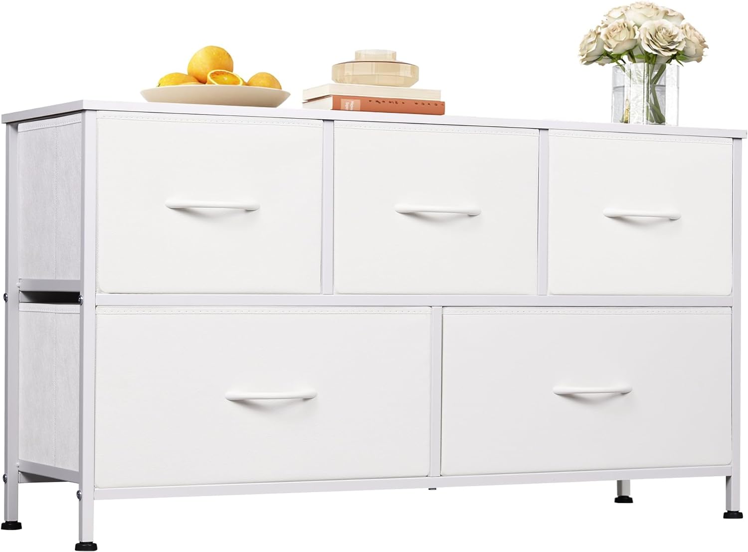 WLIVE Dresser for Bedroom with 5 Drawers, Wide Chest of Drawers, Fabric Dresser, Storage Organization Unit with Fabric Bins for Closet, Living Room, Hallway, White