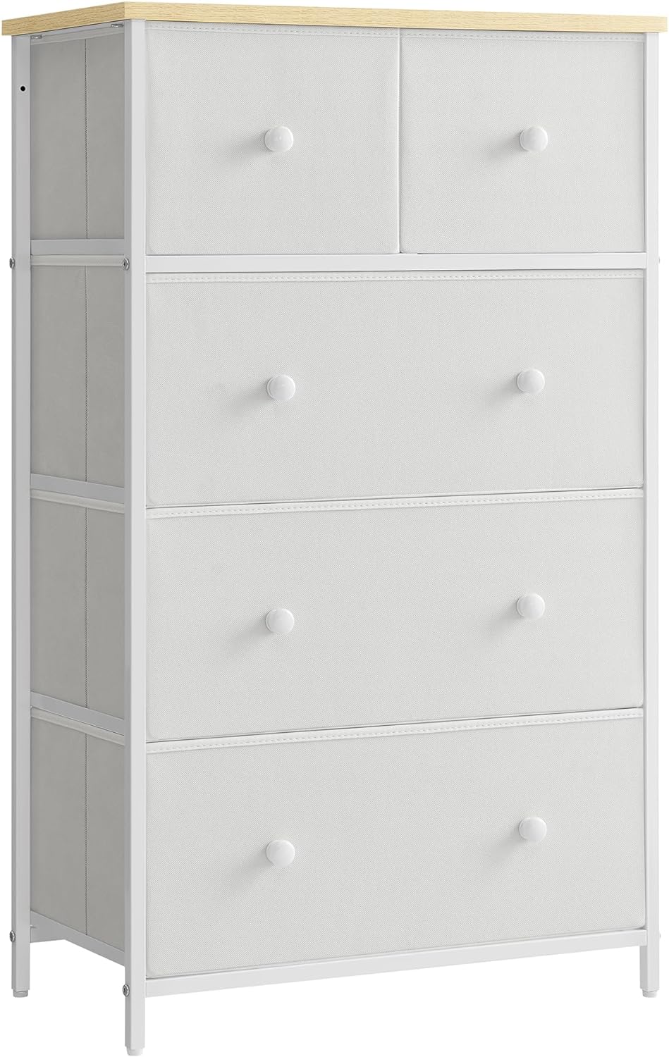 SONGMICS Drawer Dresser, Storage Dresser Tower with 5 Fabric Drawers, Dresser Unit, Hallway, White and Oak ULTS514W57