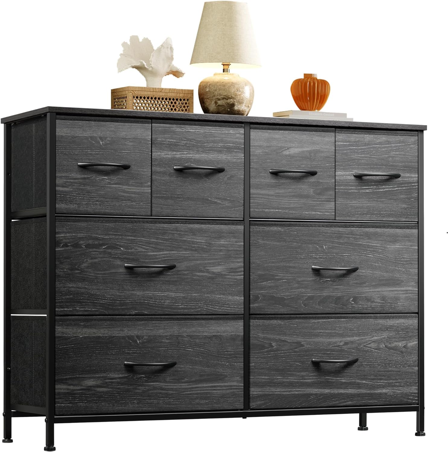 WLIVE Dresser for Bedroom with 8 Drawers, Wide Fabric Dresser for Storage and Organization, Bedroom Dresser, Chest of Drawers for Living Room, Closet, Hallway, Charcoal Black Wood Grain Print