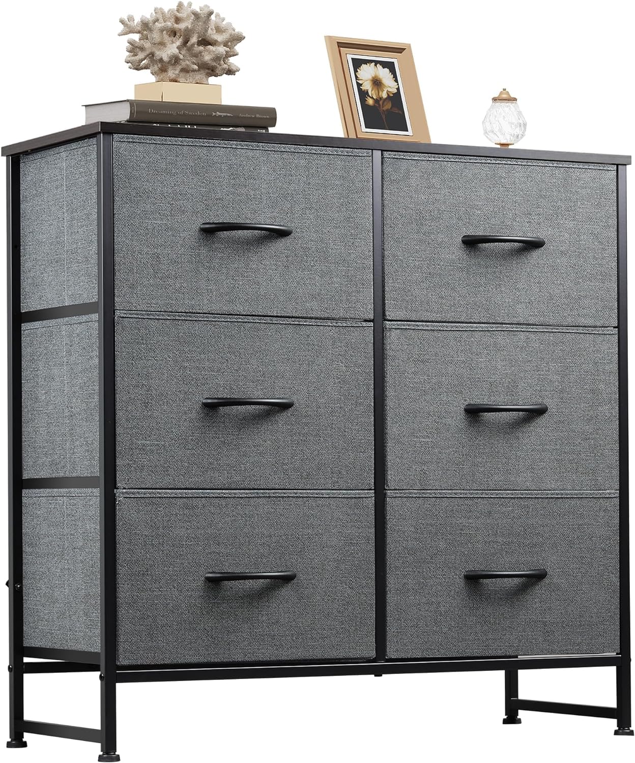 WLIVE Fabric Dresser for Bedroom, 6 Drawer Double Dresser, Storage Tower with Fabric Bins, Chest of Drawers for Closet, Living Room, Hallway, Dark Grey